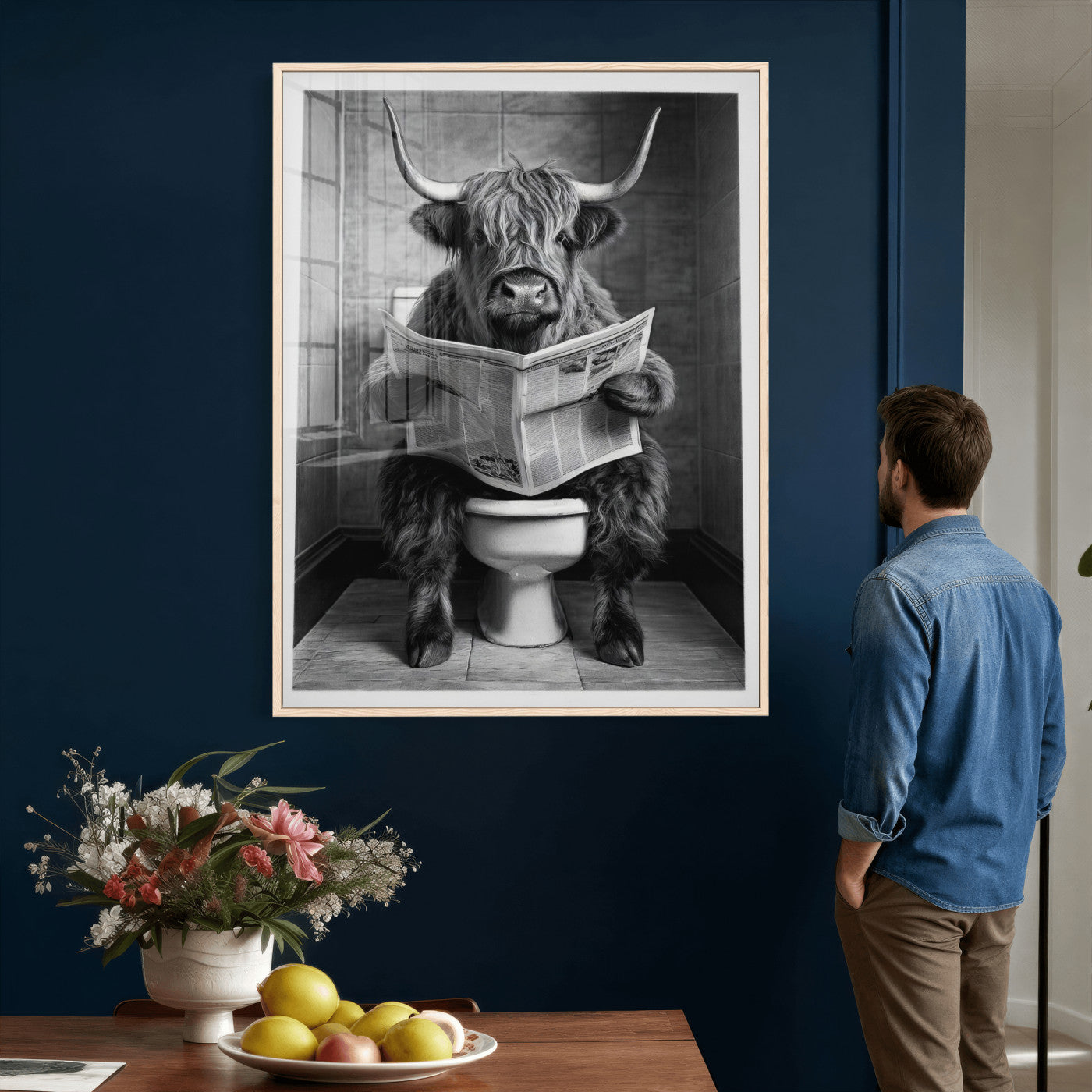 56930218-MGV-CV-24X36 - Funny Bathroom Canvas Wall Art, Texas Longhorn on Toilet Reading Newspaper, Humor Animal Print, Farmhouse Bathroom Decor, Quirky Cow Gift, Toilet Room Art