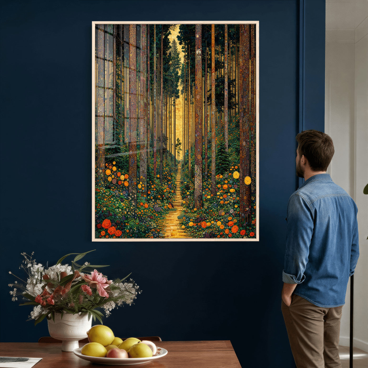 14391546-MGV-CV-24X36 - Gustav Klimt Style Forest Canvas Wall Art, Golden Forest Path Floral Art Nouveau Print, Enchanted Woodland Decor, Maximalist Colorful Nature Art