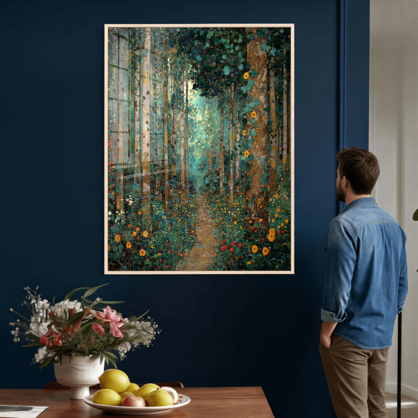 76587981-MGV-CV-24X36 - Gustav Klimt Style Forest Canvas Wall Art, Golden Forest Path Floral Art Nouveau Print, Enchanted Woodland Decor, Maximalist Colorful Nature Art