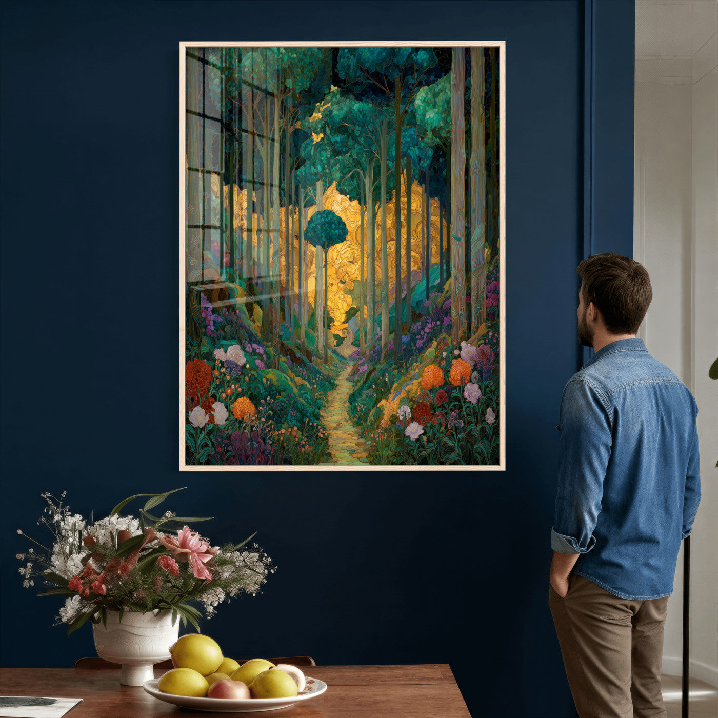 70159913-MGV-CV-24X36 - Gustav Klimt Style Forest Canvas Wall Art, Golden Forest Path Floral Art Nouveau Print, Enchanted Woodland Decor, Maximalist Colorful Nature Art