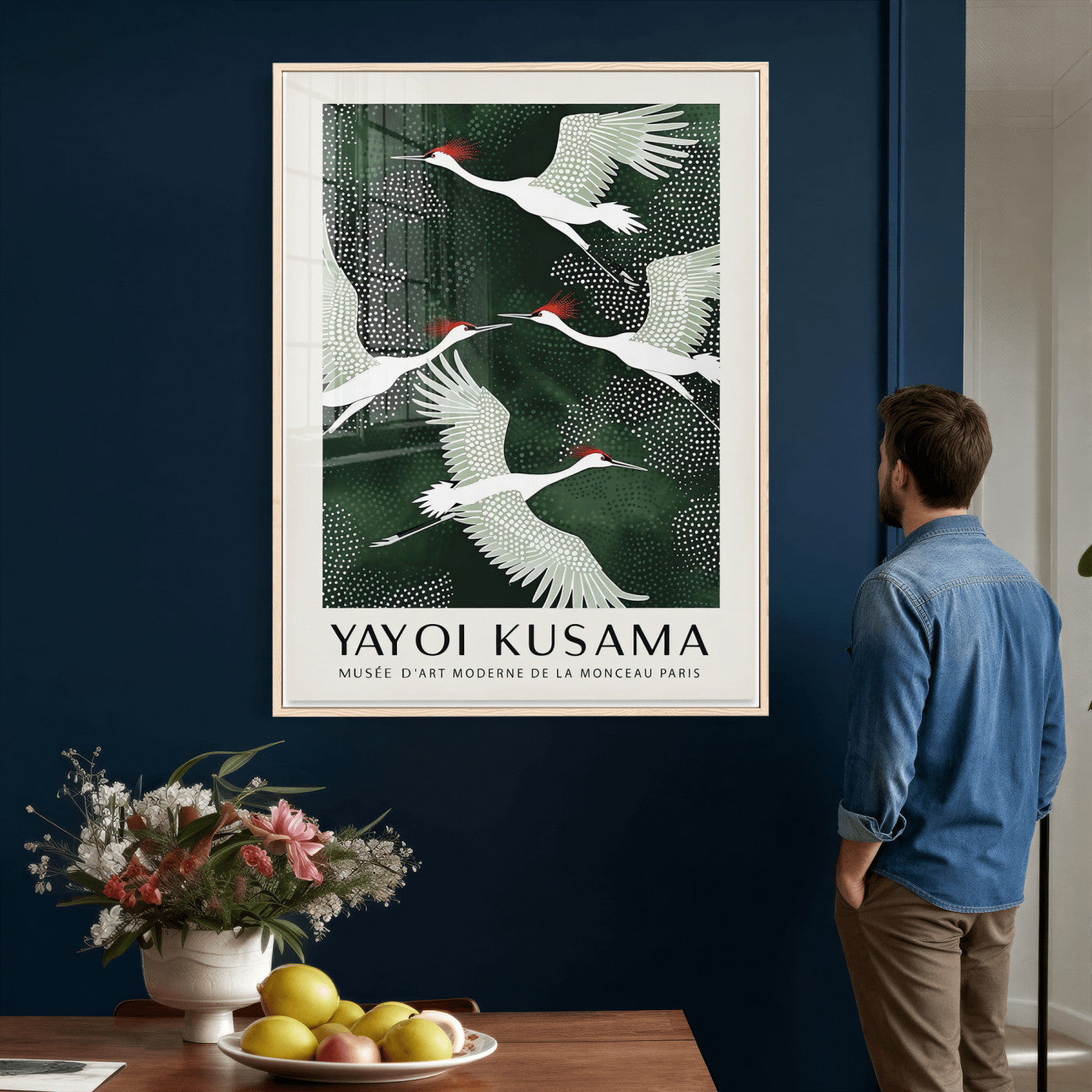 63036906-MGV-CV-24X36 - Yayoi Kusama Crane Bird Wall Art Canvas Print, Japanese Inspired Flying Heron Framed Artwork, Green Botanical Nature Decor for Living Room Bedroom Office