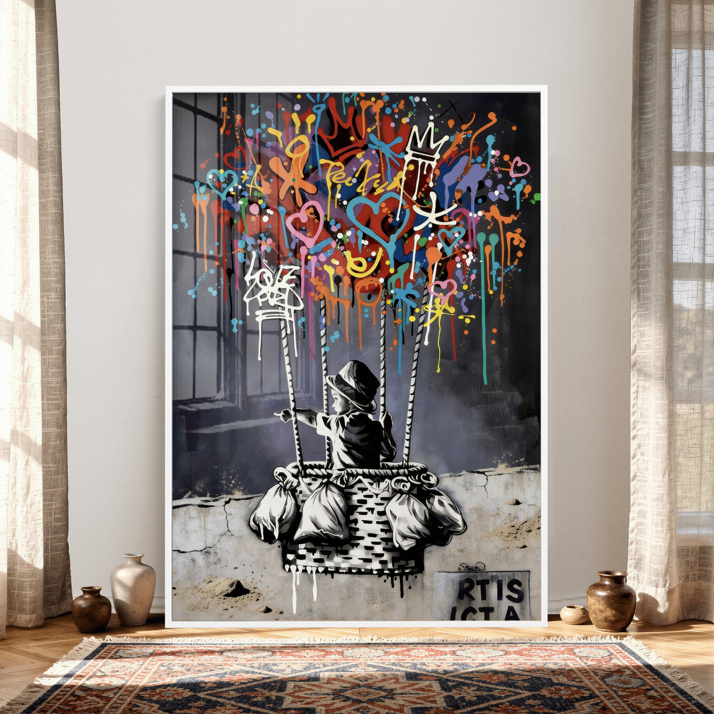 56325542-MGV-CV-24X36 - Banksy Inspired Boy Swing Wall Art Canvas Print, Graffiti Balloon Hearts Street Art, Colorful Urban Mural Artwork for Modern Living Room Decor