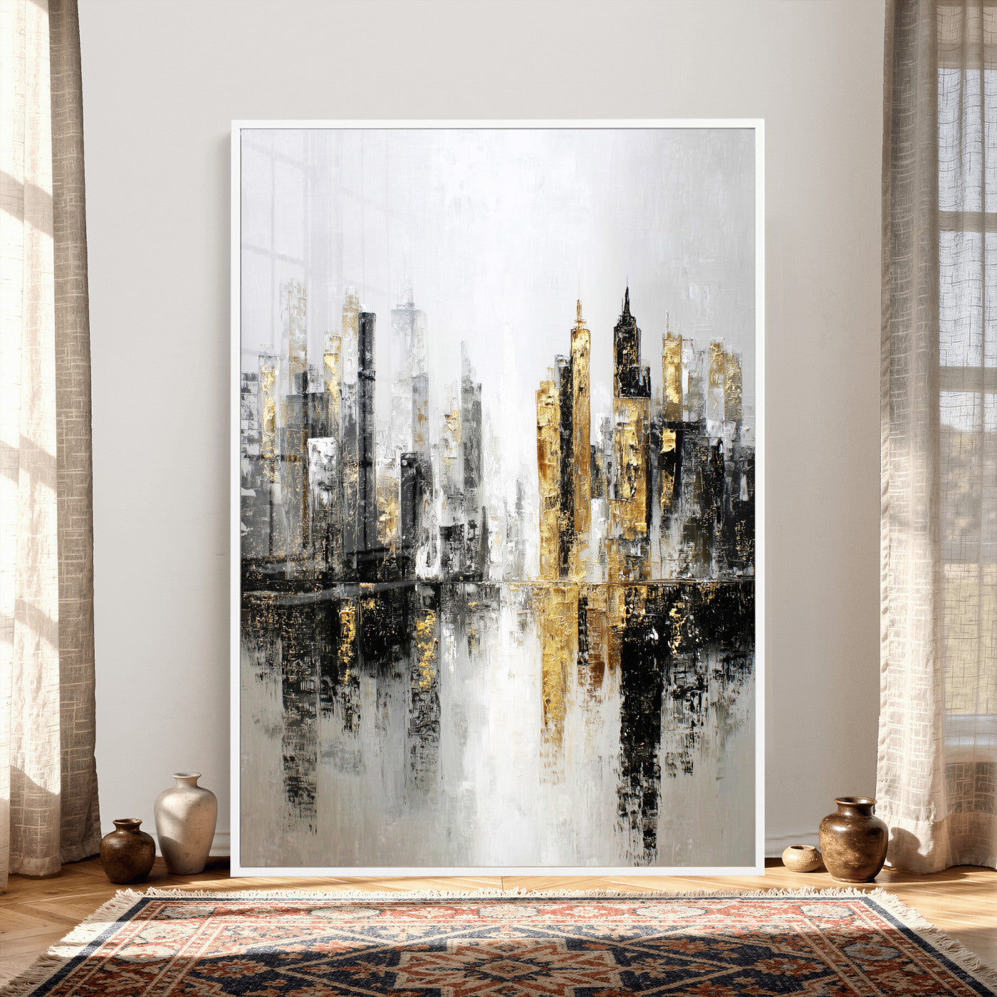 38126217-MGV-CV-24X36 - Abstract Urban Reflection Wall Art Canvas Print, Gold Black Modern Architecture Canvas Print, Contemporary Moody City Artwork for Living Room Decor