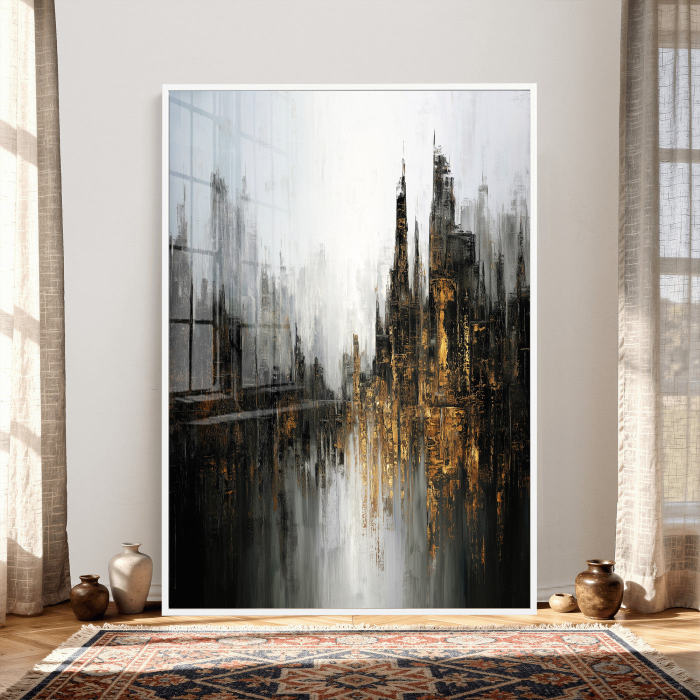 39629486-MGV-CV-24X36 - Abstract Urban Reflection Wall Art Canvas Print, Gold Black Modern Architecture Canvas Print, Contemporary Moody City Artwork for Living Room Decor