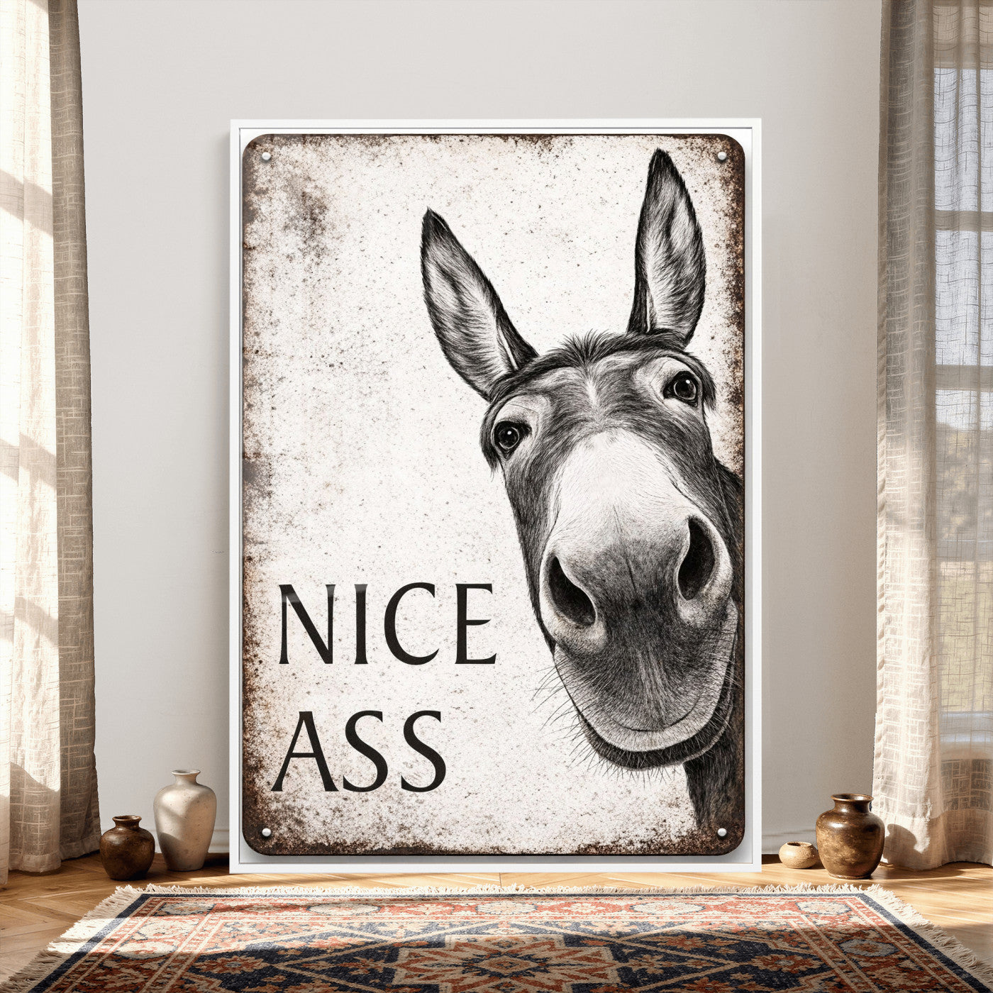 8151788R6-MGV-CV-24X36 - Funny Donkey Bathroom Wall Art Canvas Print, Nice Ass Farm Animal Sign, Rustic Farmhouse Humor Decor, Toilet Wall Art