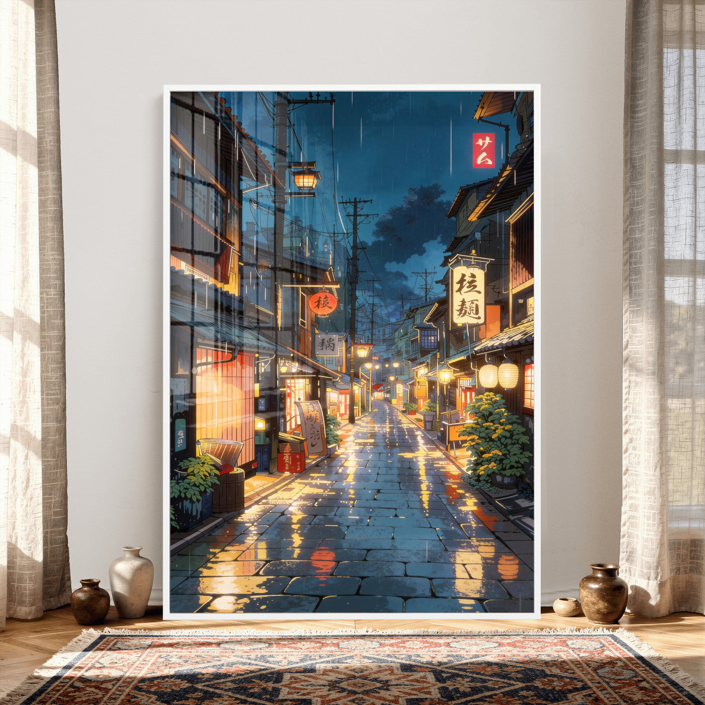 4712069J1-MGV-CV-24X36 - Tokyo Tea House Canvas Wall Art — Japan Rainy Night Street Print | Anime Style Decor | Japanese Tea House Art | Tokyo City Gift