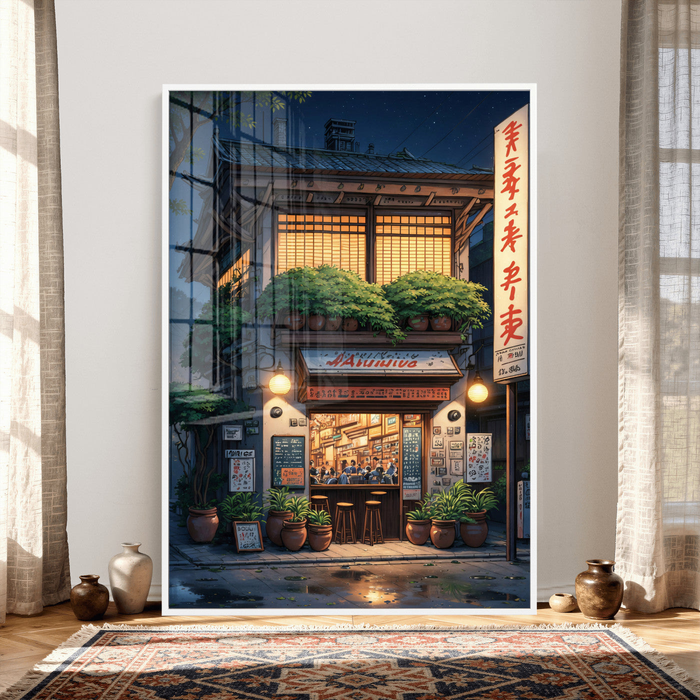 4712069TE1-MGV-CV-24X36 - Evening at the Ramen Shop Canvas Wall Art — Japan Night Anime Print | Japanese Restaurant Decor | Lofi Wall Art | Ramen Lover Gift