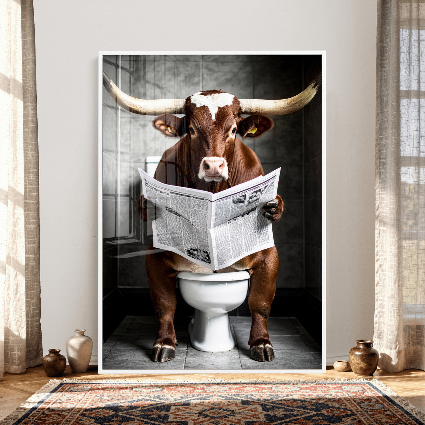 69808726-MGV-CV-24X36 - Texas Longhorn Cow Toilet Paper Canvas Wall Art, Funny Bathroom Black White Print, Cute Animal Humor Decor, Quirky Farmhouse Bathroom Art, Cow Lover Gift