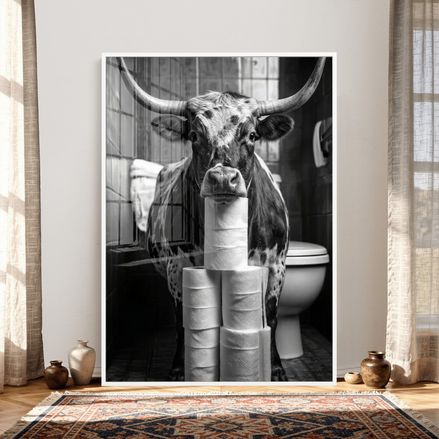 79259956-MGV-CV-24X36 - Texas Longhorn Cow Toilet Paper Canvas Wall Art, Funny Bathroom Black White Print, Cute Animal Humor Decor, Quirky Farmhouse Bathroom Art, Cow Lover Gift
