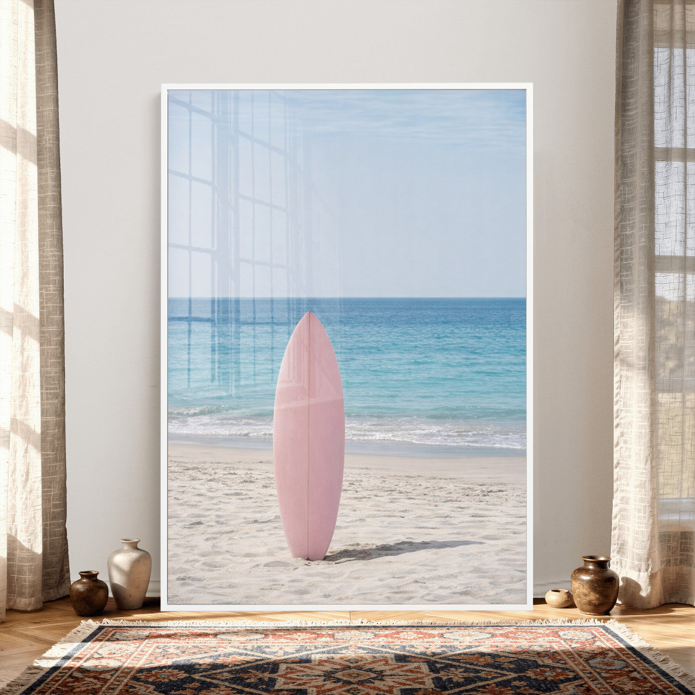 17265103-MGV-CV-24X36 - Pink Surfboard Canvas Wall Art, Minimalist Beach Photography Print, Pastel Ocean Coastal Decor, Girl Beach Room Art, Aesthetic Summer Wall Print