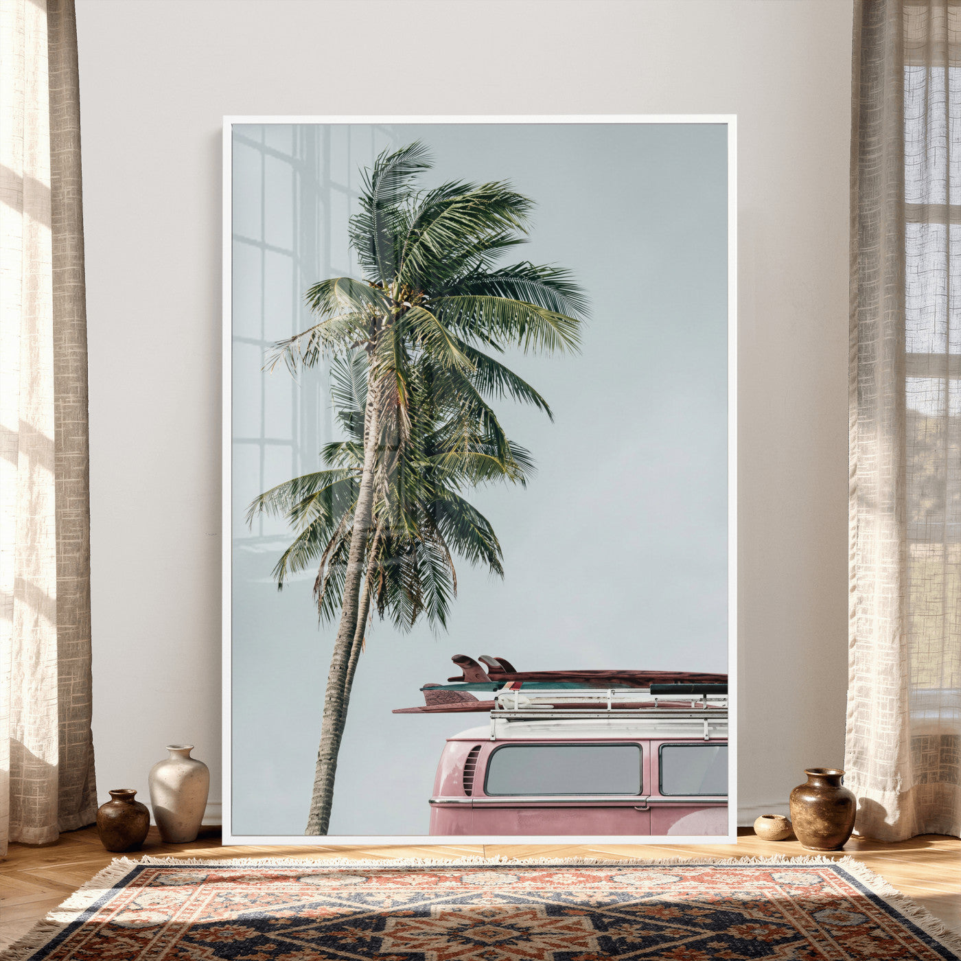 73117797-MGV-CV-24X36 - VW Van Palm Tree Canvas Wall Art, Pink Camper Surfboards Beach Print, Retro Surf Photography Decor, Coastal Boho Wall Art, Surfer Gift Idea
