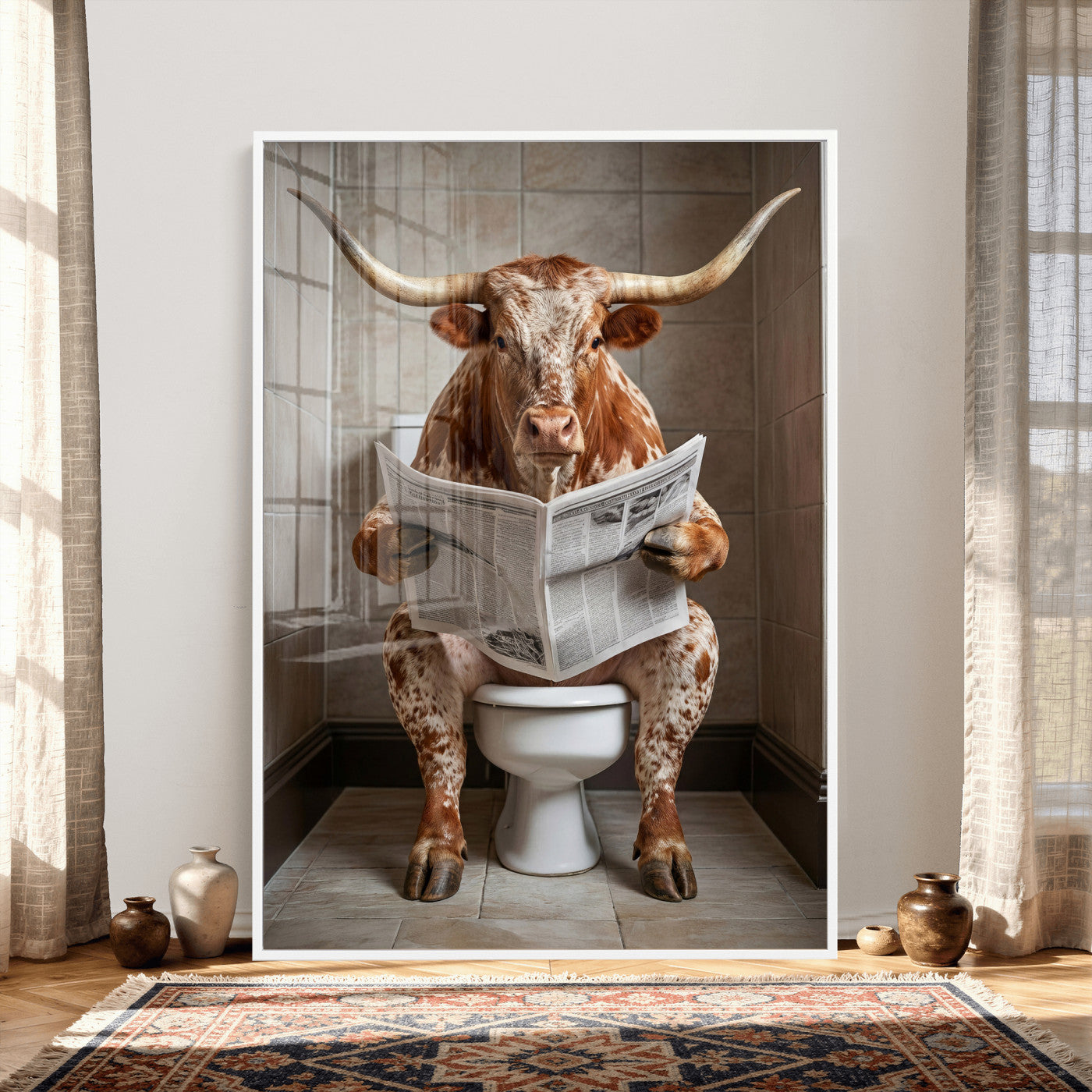 17728527-MGV-CV-24X36 - Funny Bathroom Canvas Wall Art, Texas Longhorn on Toilet Reading Newspaper, Humor Animal Print, Farmhouse Bathroom Decor, Quirky Cow Gift, Toilet Room Art
