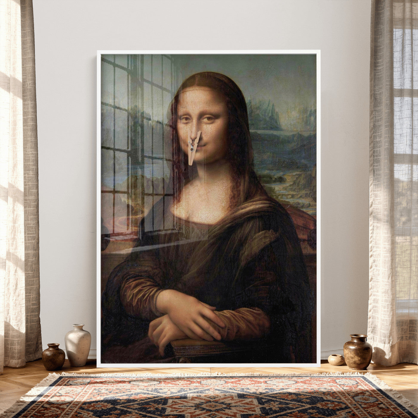 59125950-MGV-CV-24X36 - Funny Bathroom Canvas Wall Art Print, Mona Lisa Clothespin Nose Humor Decor, Classic Art Parody, Toilet Room Wall Art, Quirky Housewarming Gift, Eclectic Home Decor