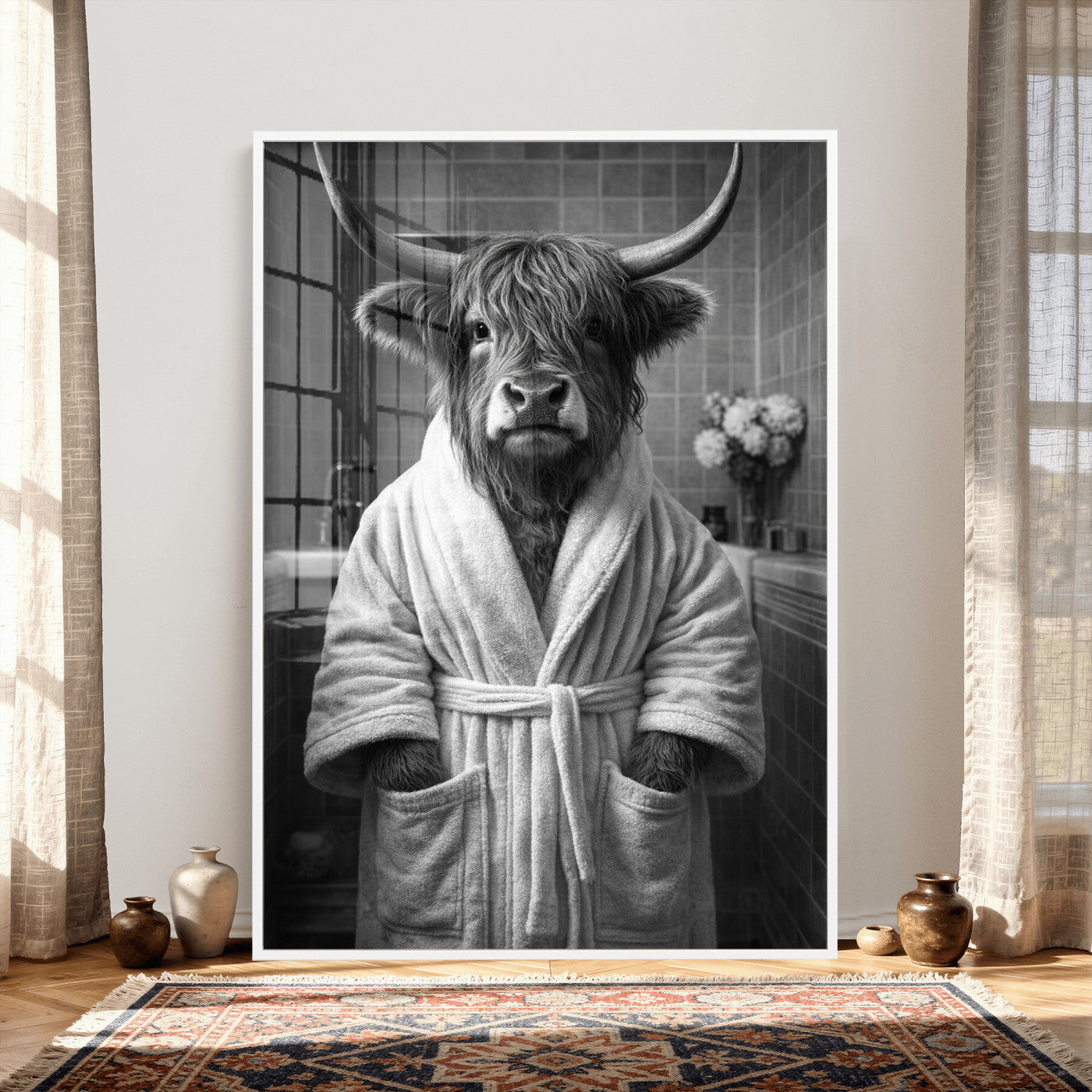 98453723-MGV-CV-24X36 - Funny Bathroom Wall Art Canvas Print, Highland Cow in Bathrobe, Black and White Humor Decor, Animal Bathroom Print, Farmhouse Bathroom Art