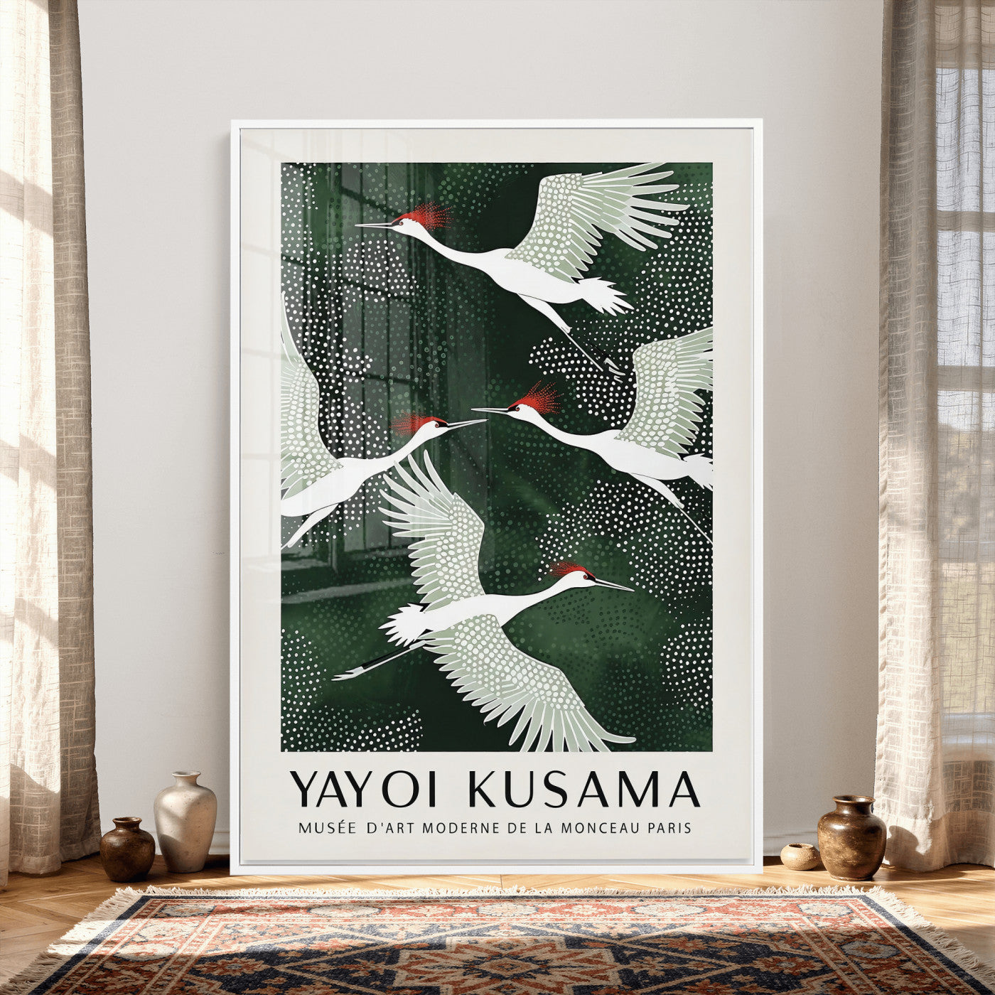 63036906-MGV-CV-24X36 - Yayoi Kusama Crane Bird Wall Art Canvas Print, Japanese Inspired Flying Heron Framed Artwork, Green Botanical Nature Decor for Living Room Bedroom Office