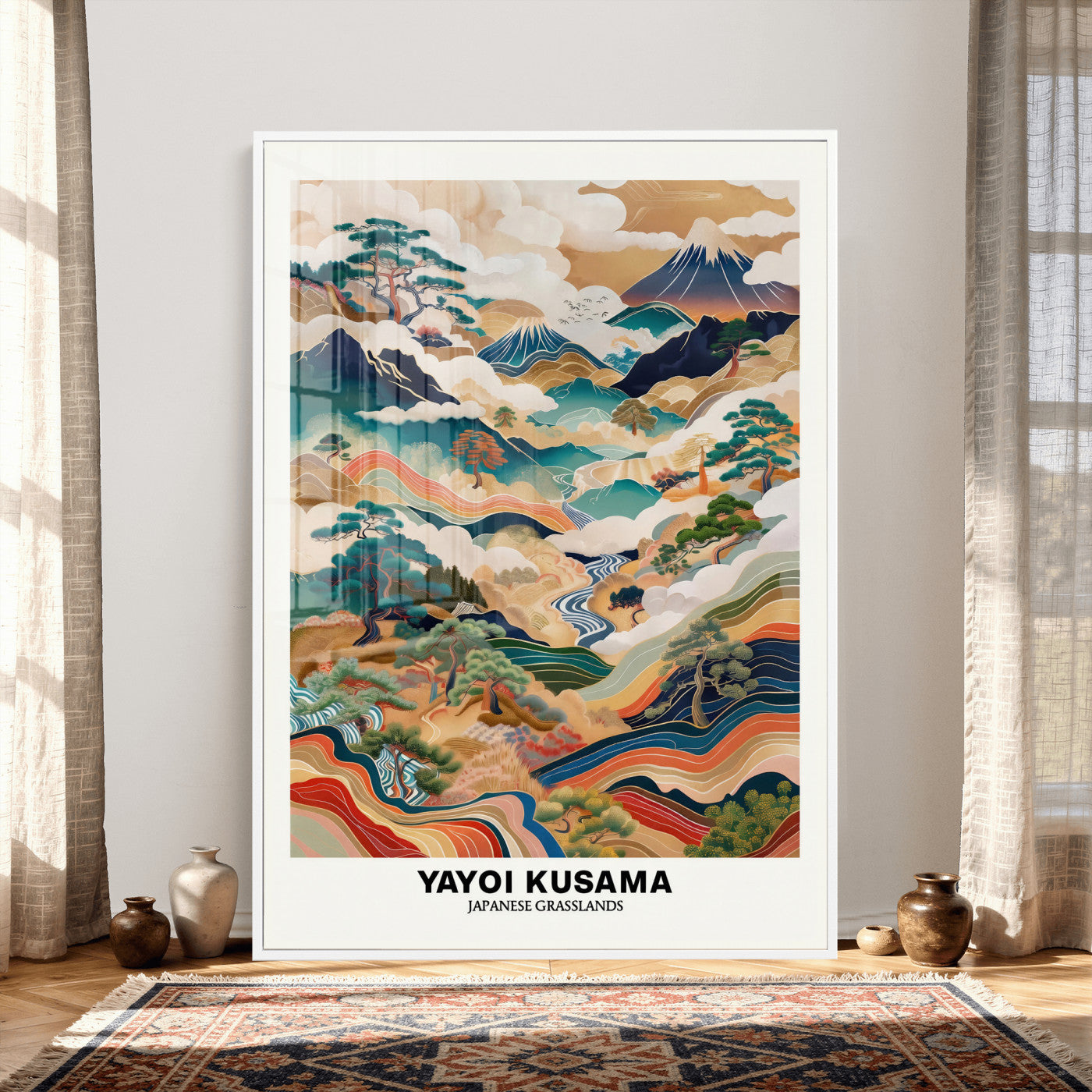 71553303-MGV-CV-24X36 - Yayoi Kusama Japanese Landscape Wall Art Canvas Print, Colorful Mountain and River Framed Artwork, Nature Inspired Asian Scenic Decor for Living Room Bedroom Office
