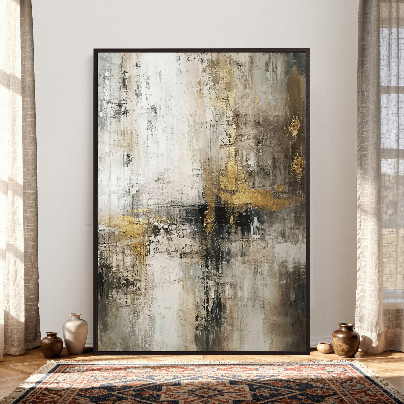 381262454-MGV-CV-24X36 - Framed Abstract Wall Art Canvas Print, Gold Black Modern Architecture Canvas Print, Contemporary Moody City Artwork for Living Room Decor