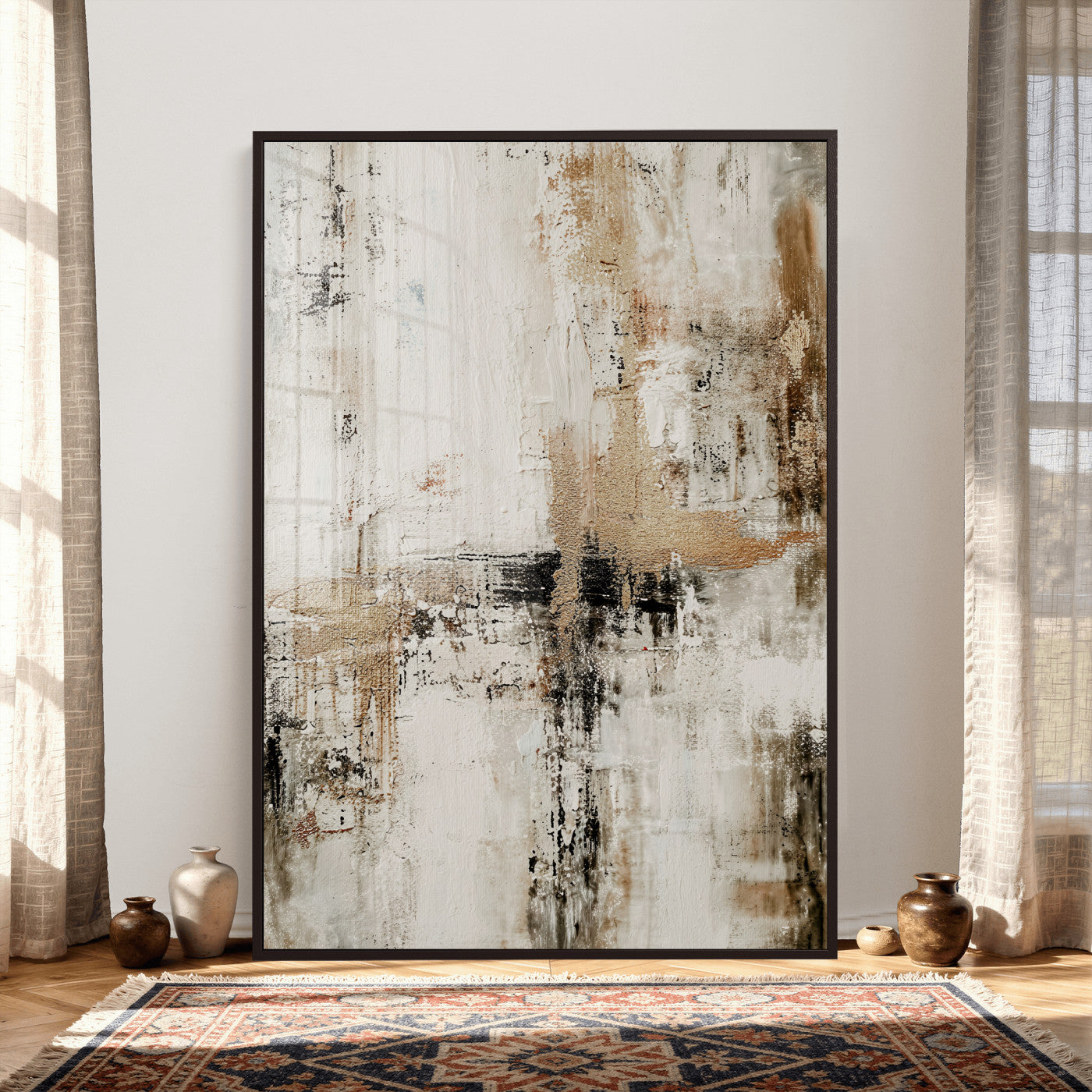381262454-MGV-CV-24X36 - Neutral Abstract Wall Art Canvas Print, Beige Black Textured Modern Canvas Print, Minimalist Contemporary Artwork for Living Room Decor