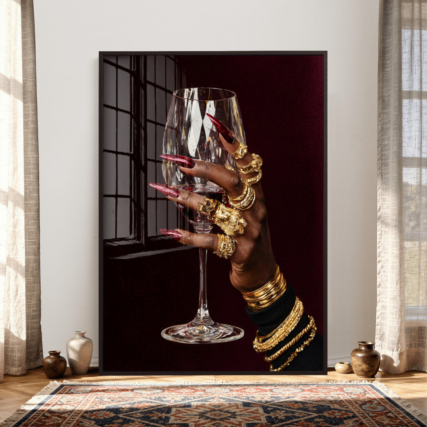 8151788Y6-MGV-CV-24X36 - Black Woman Holding Elegant Wine Glass Art, Black Girl Art, Black Woman Art, Trendy Black Girl Wall Art