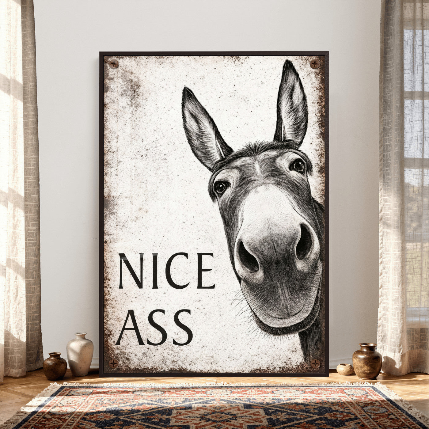 8151788R6-MGV-CV-24X36 - Funny Donkey Bathroom Wall Art Canvas Print, Nice Ass Farm Animal Sign, Rustic Farmhouse Humor Decor, Toilet Wall Art