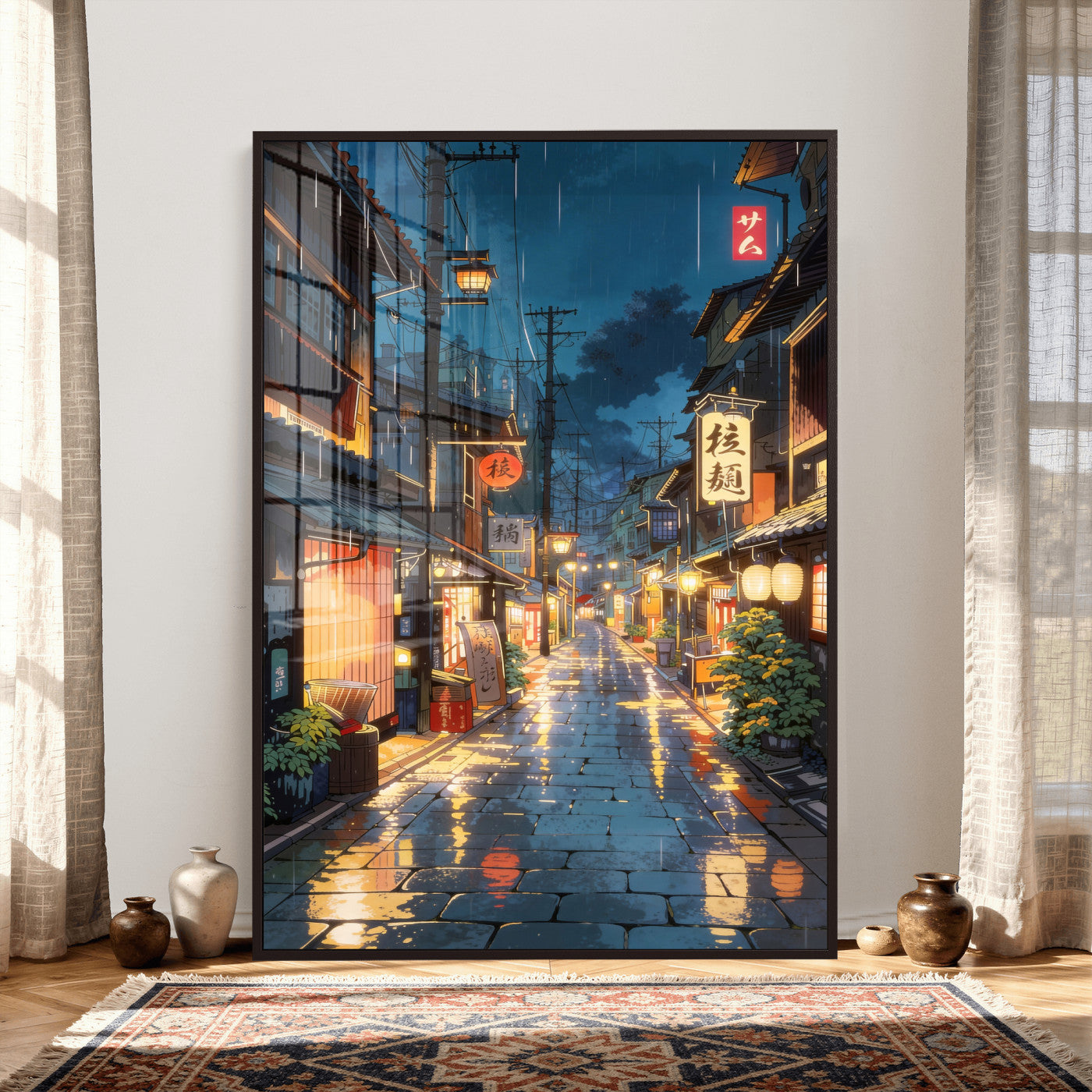 4712069J1-MGV-CV-24X36 - Tokyo Tea House Canvas Wall Art — Japan Rainy Night Street Print | Anime Style Decor | Japanese Tea House Art | Tokyo City Gift