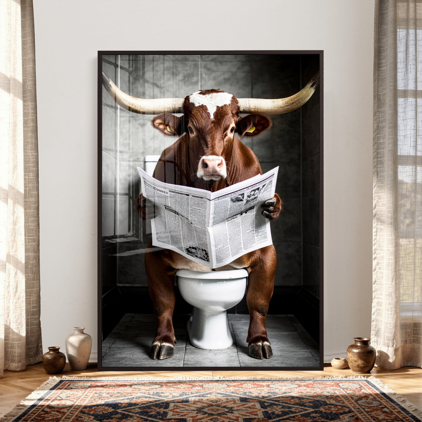 69808726-MGV-CV-24X36 - Texas Longhorn Cow Toilet Paper Canvas Wall Art, Funny Bathroom Black White Print, Cute Animal Humor Decor, Quirky Farmhouse Bathroom Art, Cow Lover Gift
