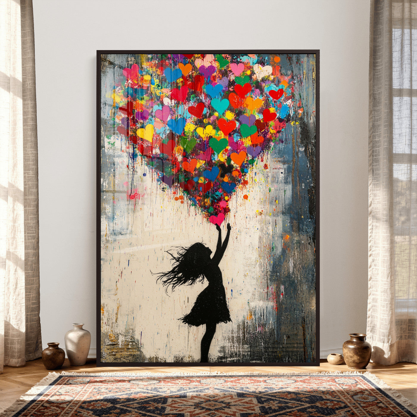 36253538-MGV-CV-24X36 - Banksy Street Art Canvas Wall Art, Girl Heart Balloons Banksy Style Print, Colorful Graffiti Love Decor, Urban Pop Art, Kids Room Inspirational Wall Art