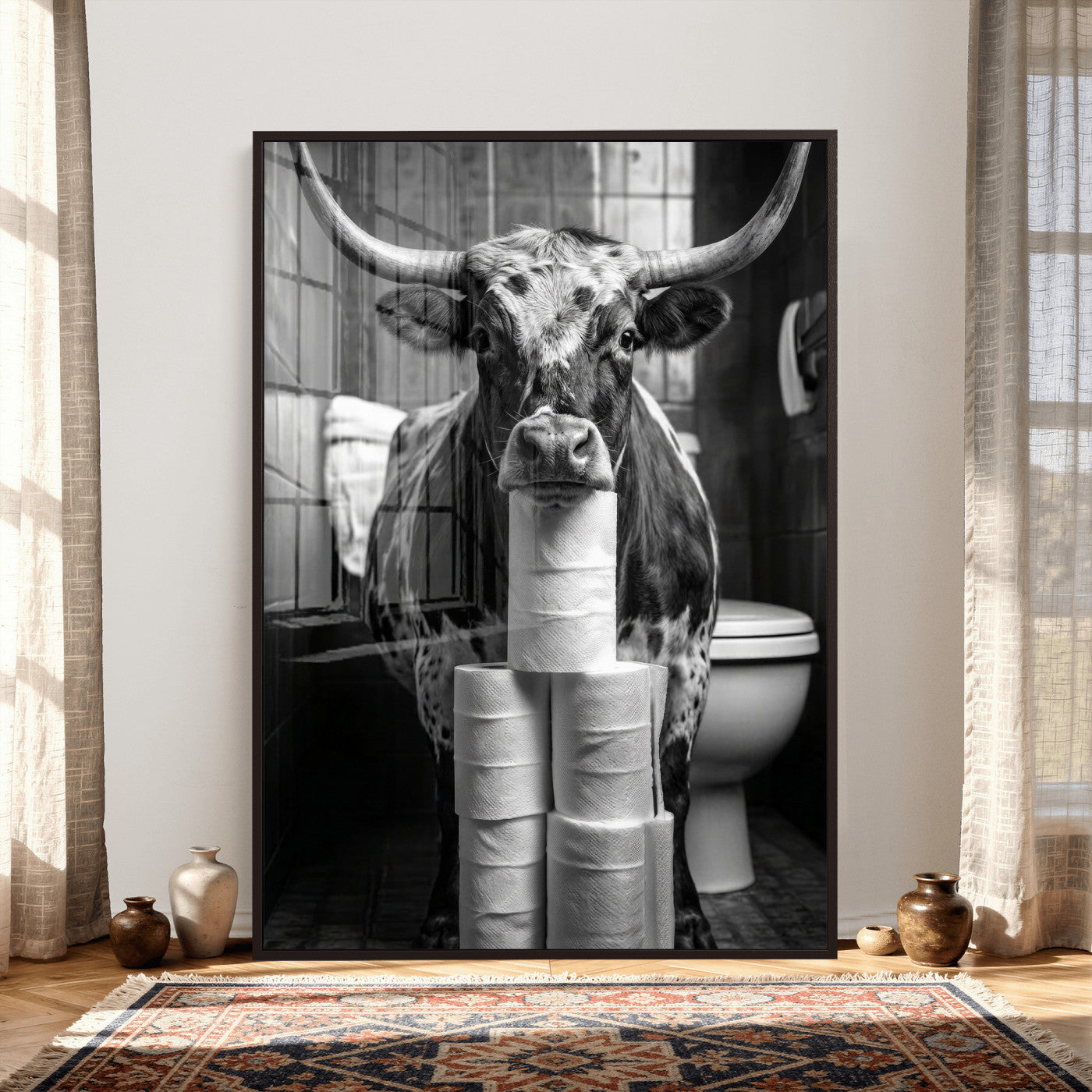 79259956-MGV-CV-24X36 - Texas Longhorn Cow Toilet Paper Canvas Wall Art, Funny Bathroom Black White Print, Cute Animal Humor Decor, Quirky Farmhouse Bathroom Art, Cow Lover Gift