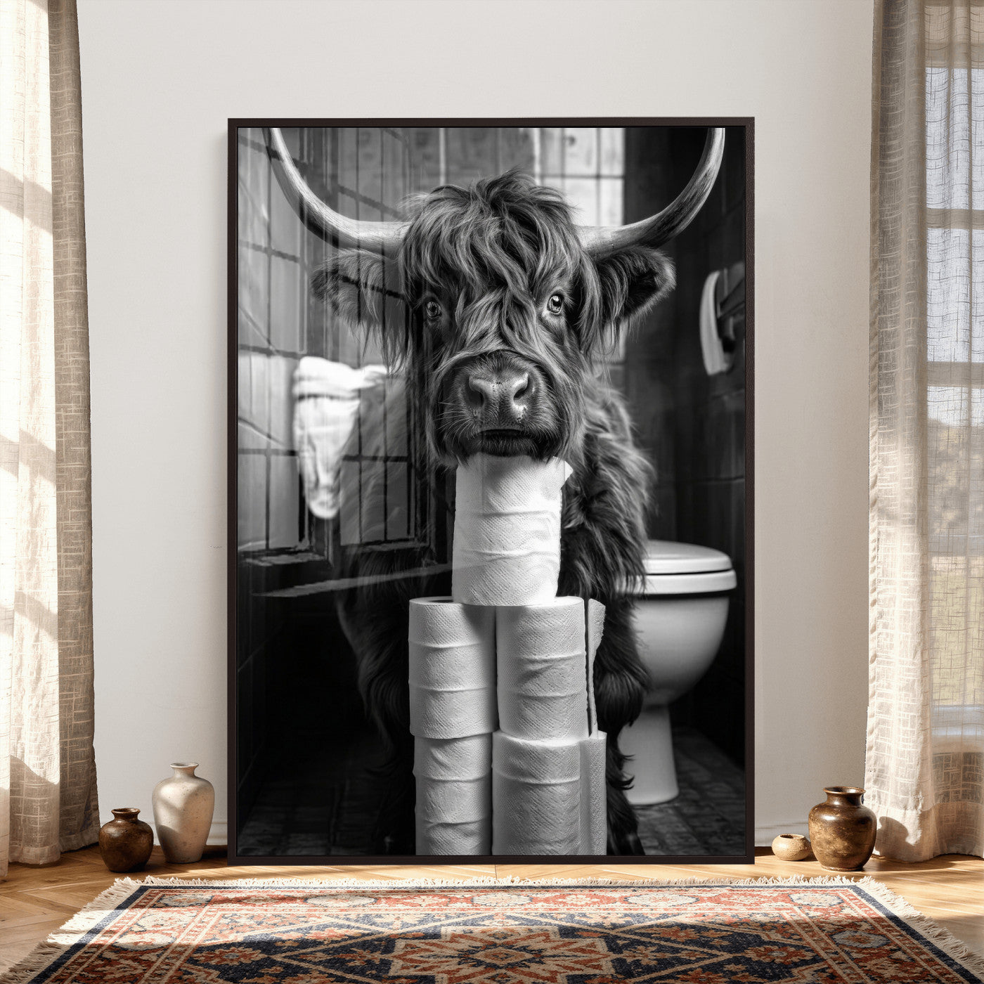 95909209-MGV-CV-24X36 - Highland Cow Toilet Paper Canvas Wall Art, Funny Bathroom Black White Print, Cute Animal Humor Decor, Quirky Farmhouse Bathroom Art, Cow Lover Gift