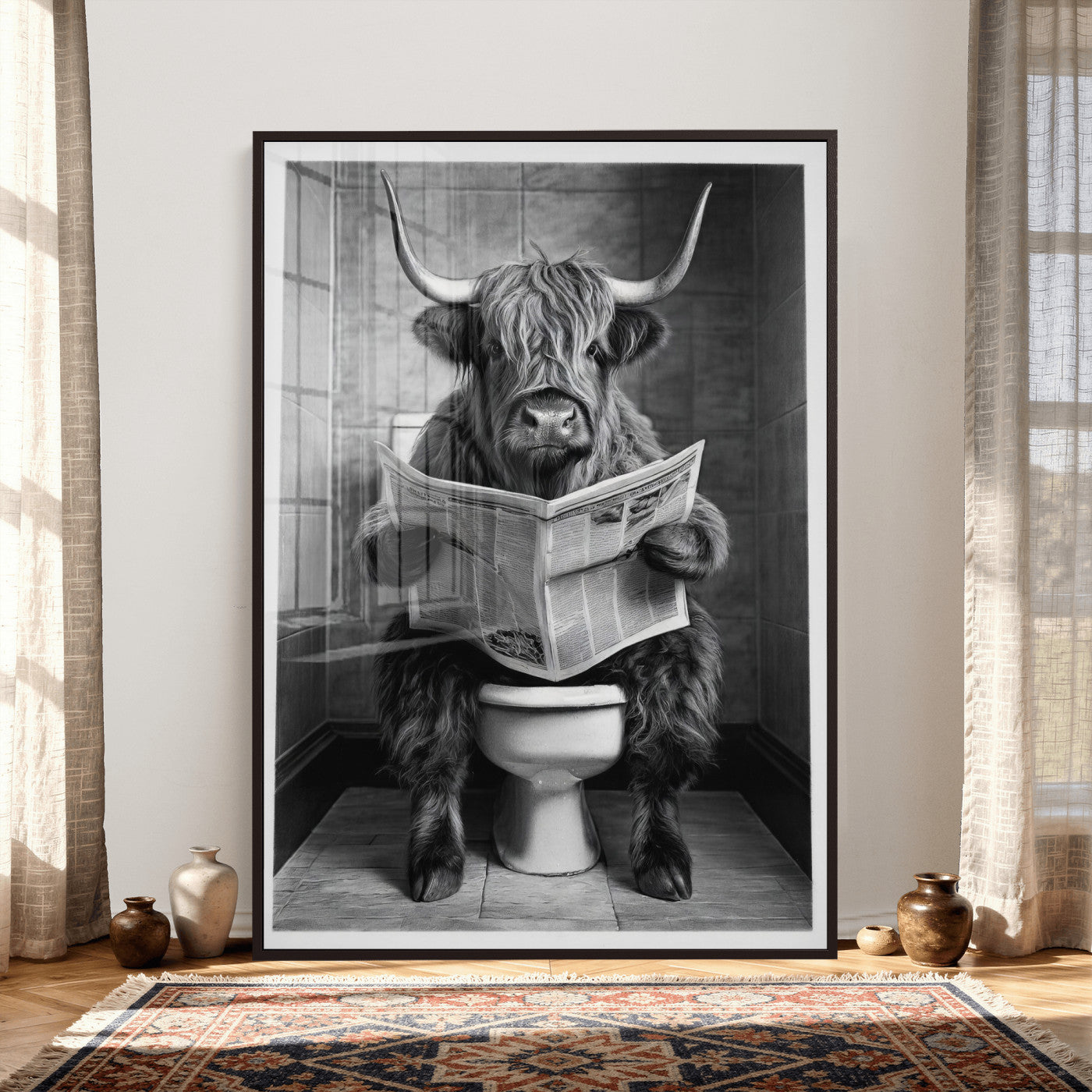 56930218-MGV-CV-24X36 - Funny Bathroom Canvas Wall Art, Texas Longhorn on Toilet Reading Newspaper, Humor Animal Print, Farmhouse Bathroom Decor, Quirky Cow Gift, Toilet Room Art