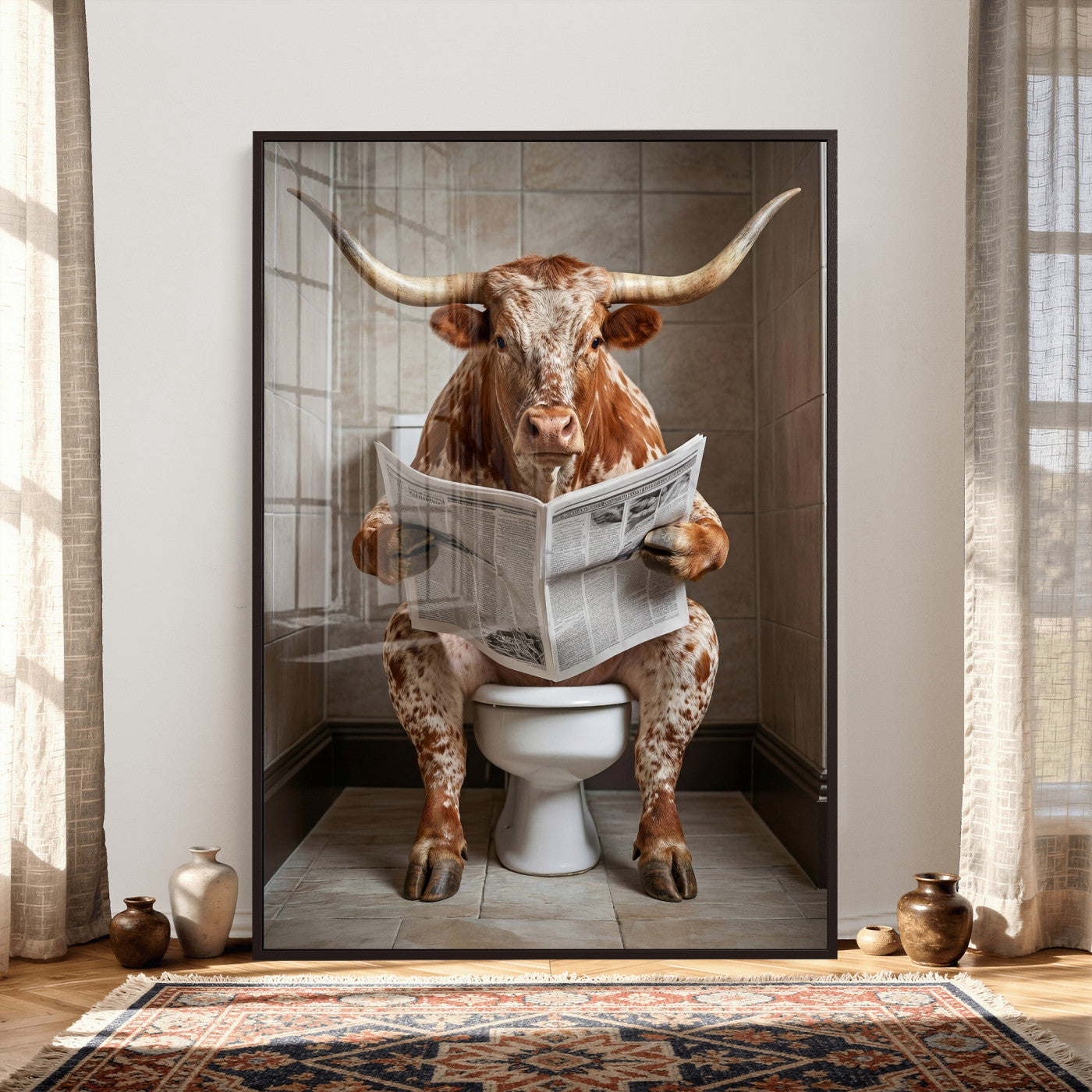 17728527-MGV-CV-24X36 - Funny Bathroom Canvas Wall Art, Texas Longhorn on Toilet Reading Newspaper, Humor Animal Print, Farmhouse Bathroom Decor, Quirky Cow Gift, Toilet Room Art