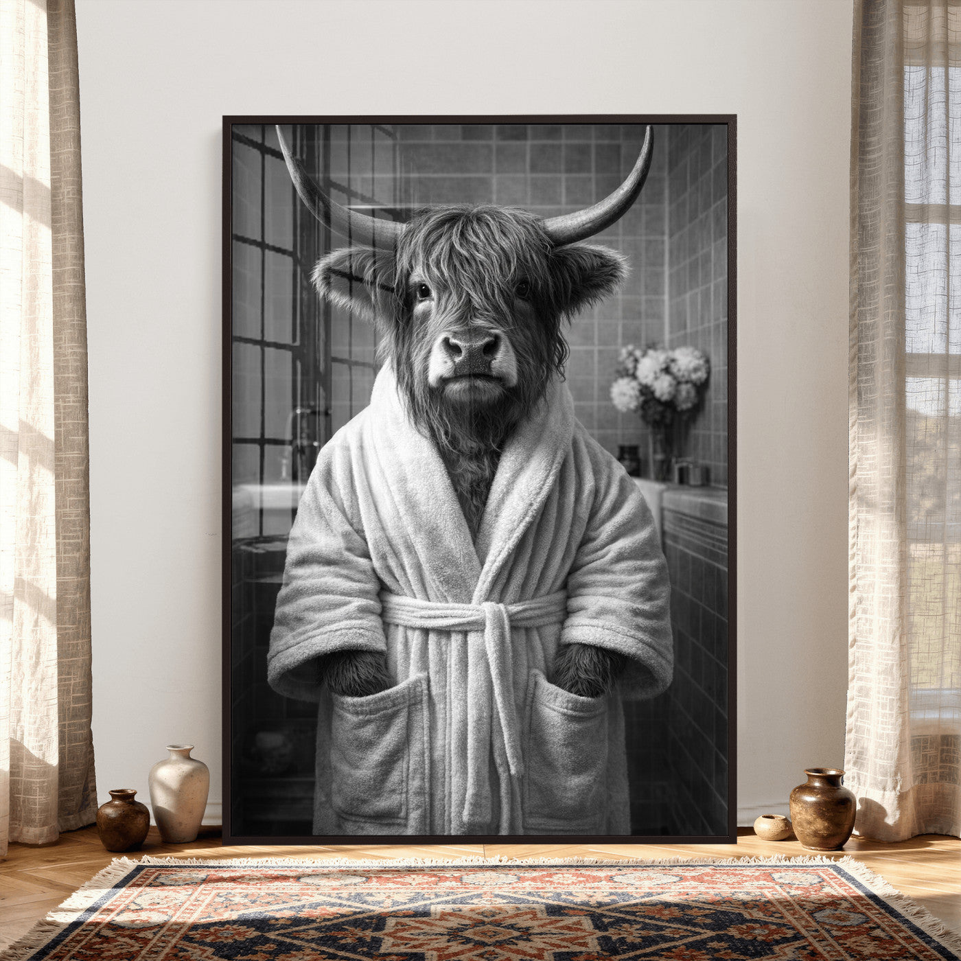 98453723-MGV-CV-24X36 - Funny Bathroom Wall Art Canvas Print, Highland Cow in Bathrobe, Black and White Humor Decor, Animal Bathroom Print, Farmhouse Bathroom Art