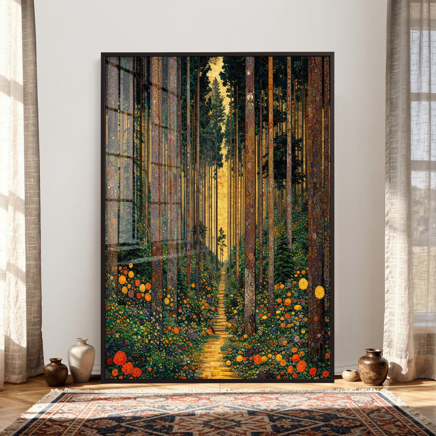14391546-MGV-CV-24X36 - Gustav Klimt Style Forest Canvas Wall Art, Golden Forest Path Floral Art Nouveau Print, Enchanted Woodland Decor, Maximalist Colorful Nature Art