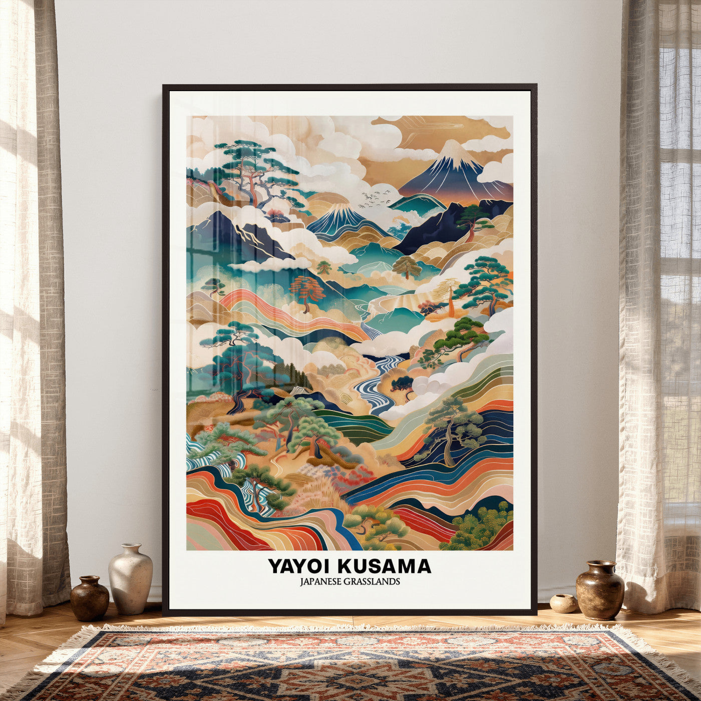 71553303-MGV-CV-24X36 - Yayoi Kusama Japanese Landscape Wall Art Canvas Print, Colorful Mountain and River Framed Artwork, Nature Inspired Asian Scenic Decor for Living Room Bedroom Office