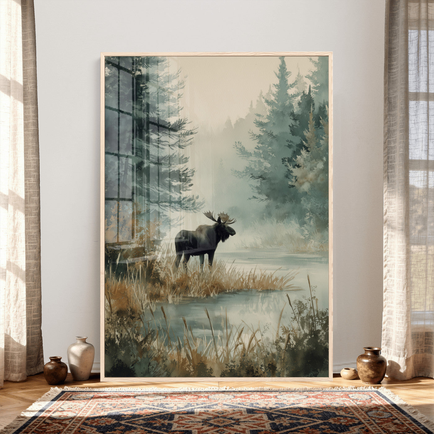 78345154-MGV-CV-24X36 - Watercolor Abstract Moose Forest Wall Art Canvas Print – Wildlife Nature Artwork Print for Living Room, Cabin, and Office Decor