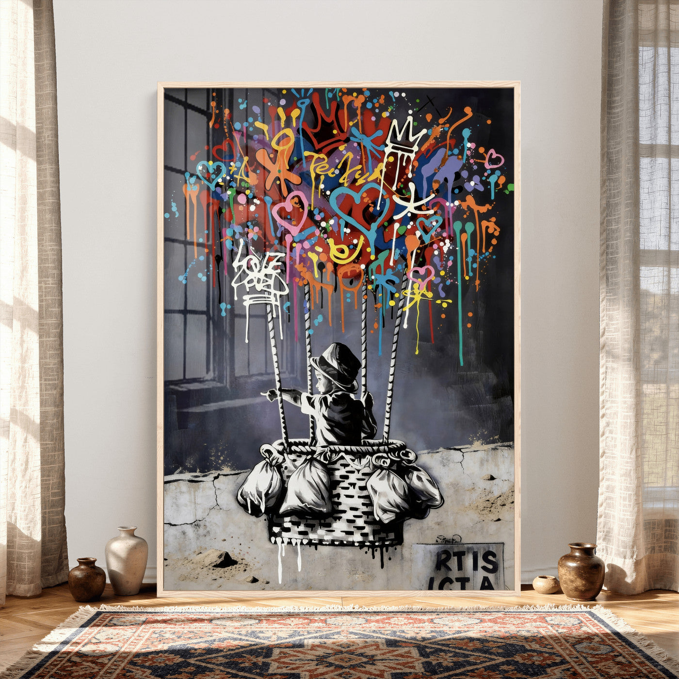 56325542-MGV-CV-24X36 - Banksy Inspired Boy Swing Wall Art Canvas Print, Graffiti Balloon Hearts Street Art, Colorful Urban Mural Artwork for Modern Living Room Decor