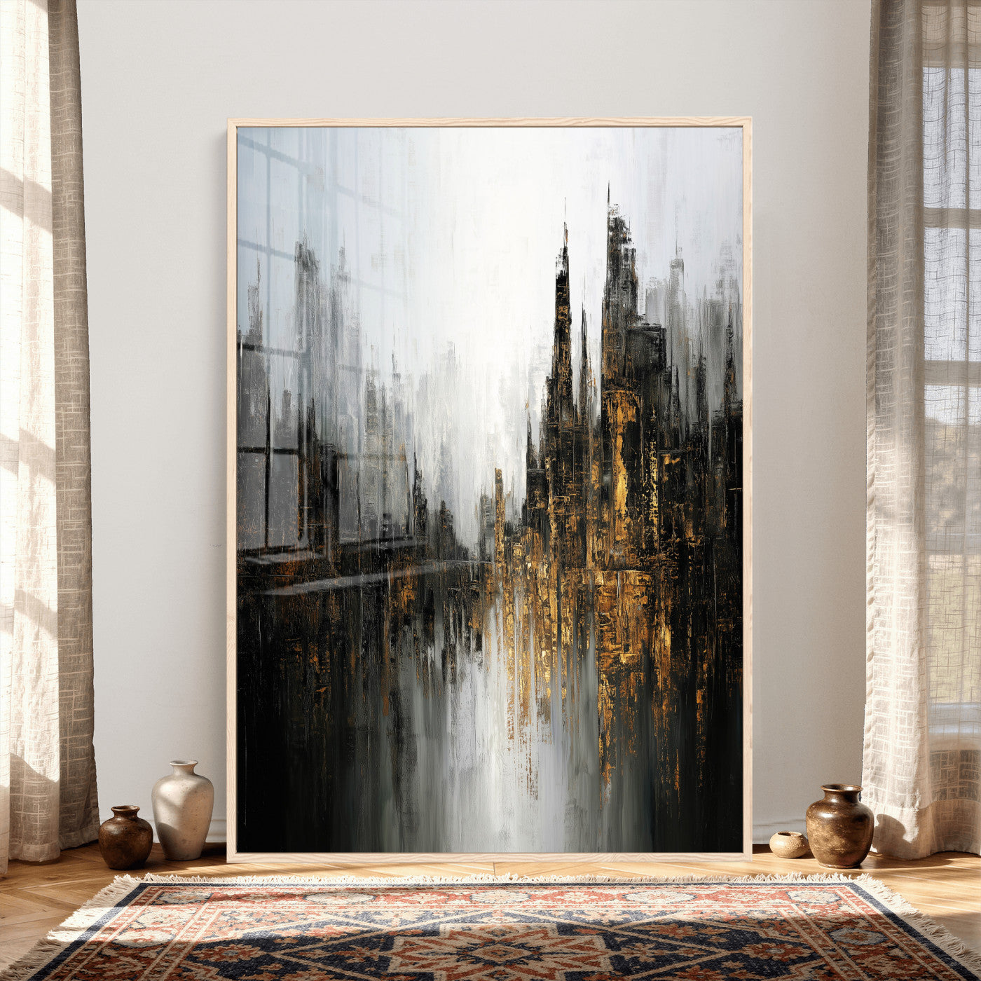 39629486-MGV-CV-24X36 - Abstract Urban Reflection Wall Art Canvas Print, Gold Black Modern Architecture Canvas Print, Contemporary Moody City Artwork for Living Room Decor