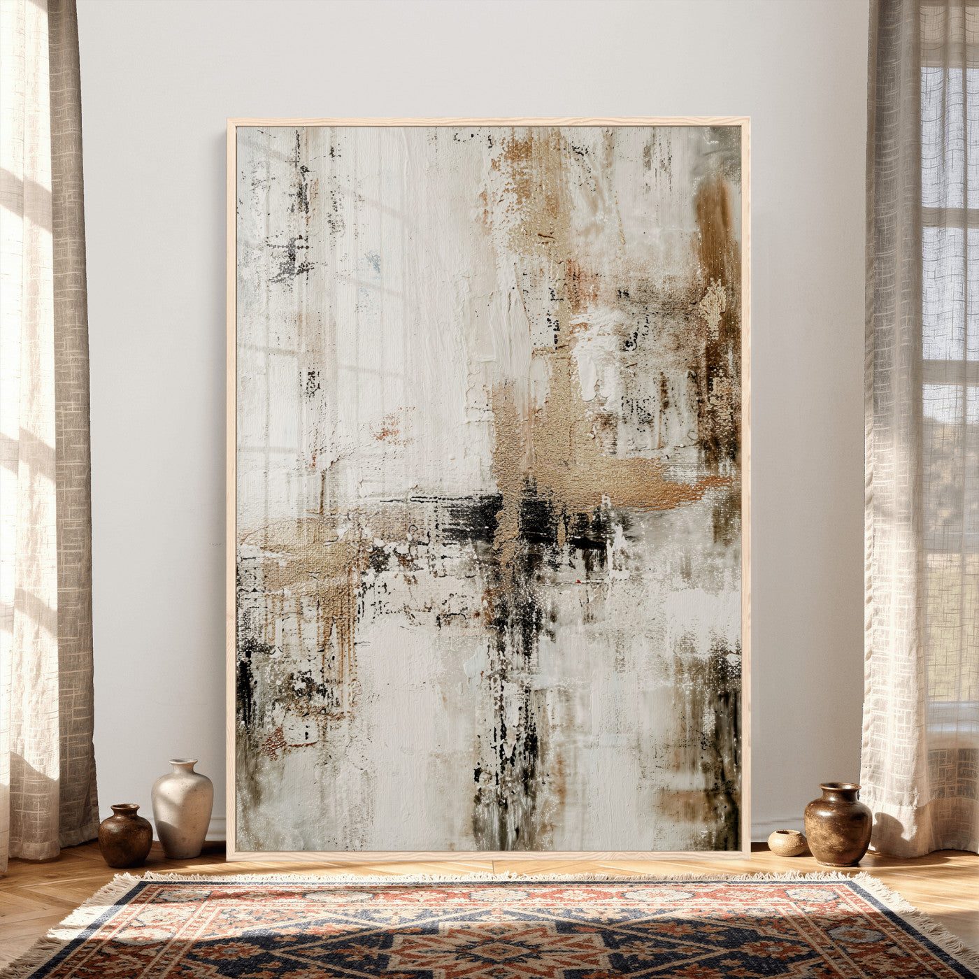 381262454-MGV-CV-24X36 - Neutral Abstract Wall Art Canvas Print, Beige Black Textured Modern Canvas Print, Minimalist Contemporary Artwork for Living Room Decor