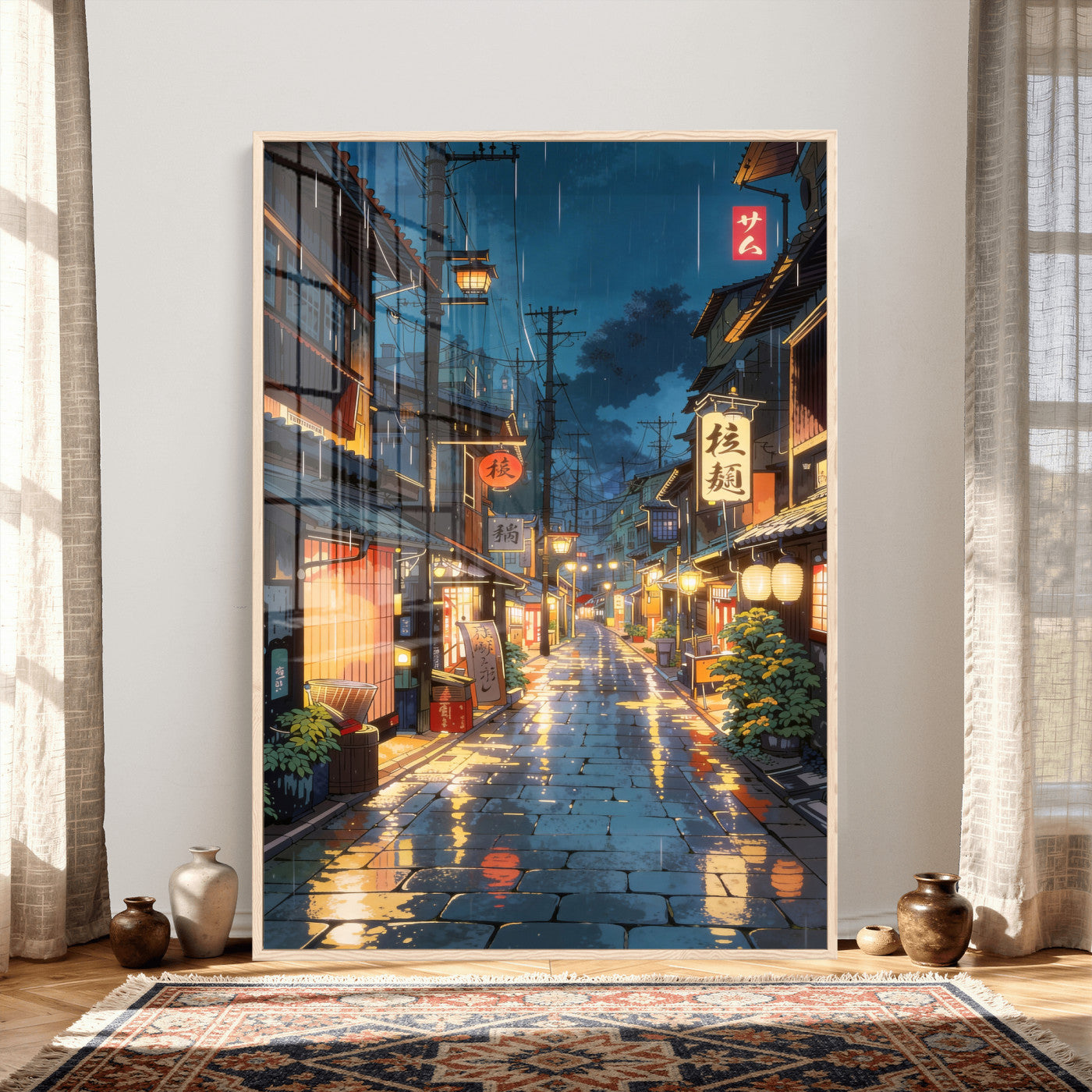 4712069J1-MGV-CV-24X36 - Tokyo Tea House Canvas Wall Art — Japan Rainy Night Street Print | Anime Style Decor | Japanese Tea House Art | Tokyo City Gift