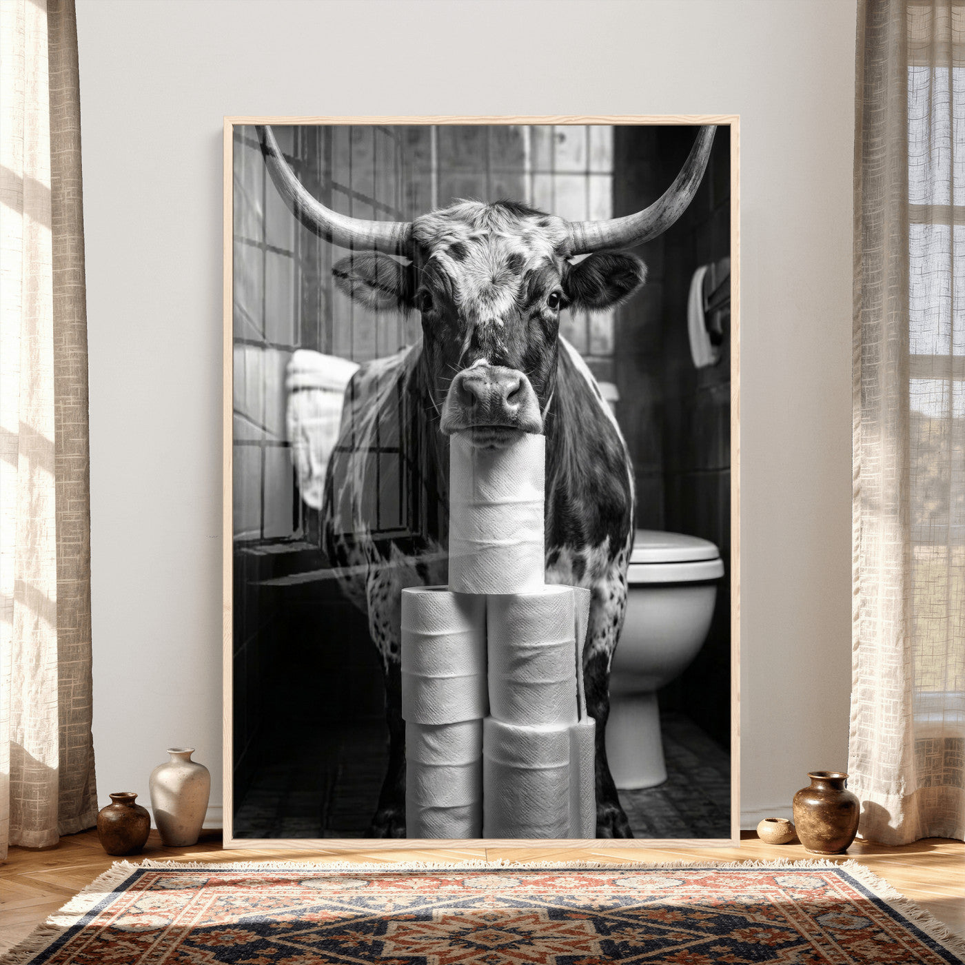 79259956-MGV-CV-24X36 - Texas Longhorn Cow Toilet Paper Canvas Wall Art, Funny Bathroom Black White Print, Cute Animal Humor Decor, Quirky Farmhouse Bathroom Art, Cow Lover Gift