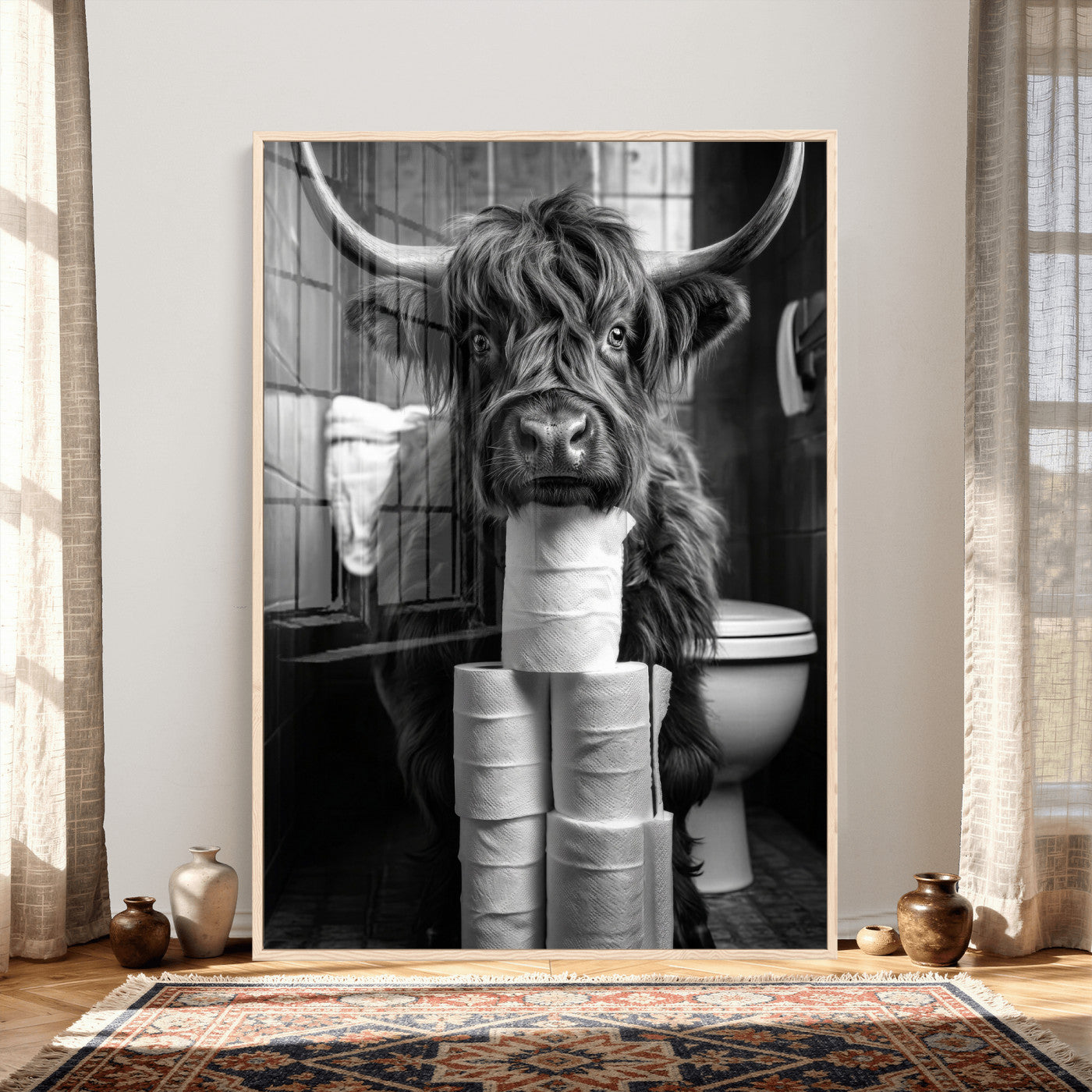 95909209-MGV-CV-24X36 - Highland Cow Toilet Paper Canvas Wall Art, Funny Bathroom Black White Print, Cute Animal Humor Decor, Quirky Farmhouse Bathroom Art, Cow Lover Gift