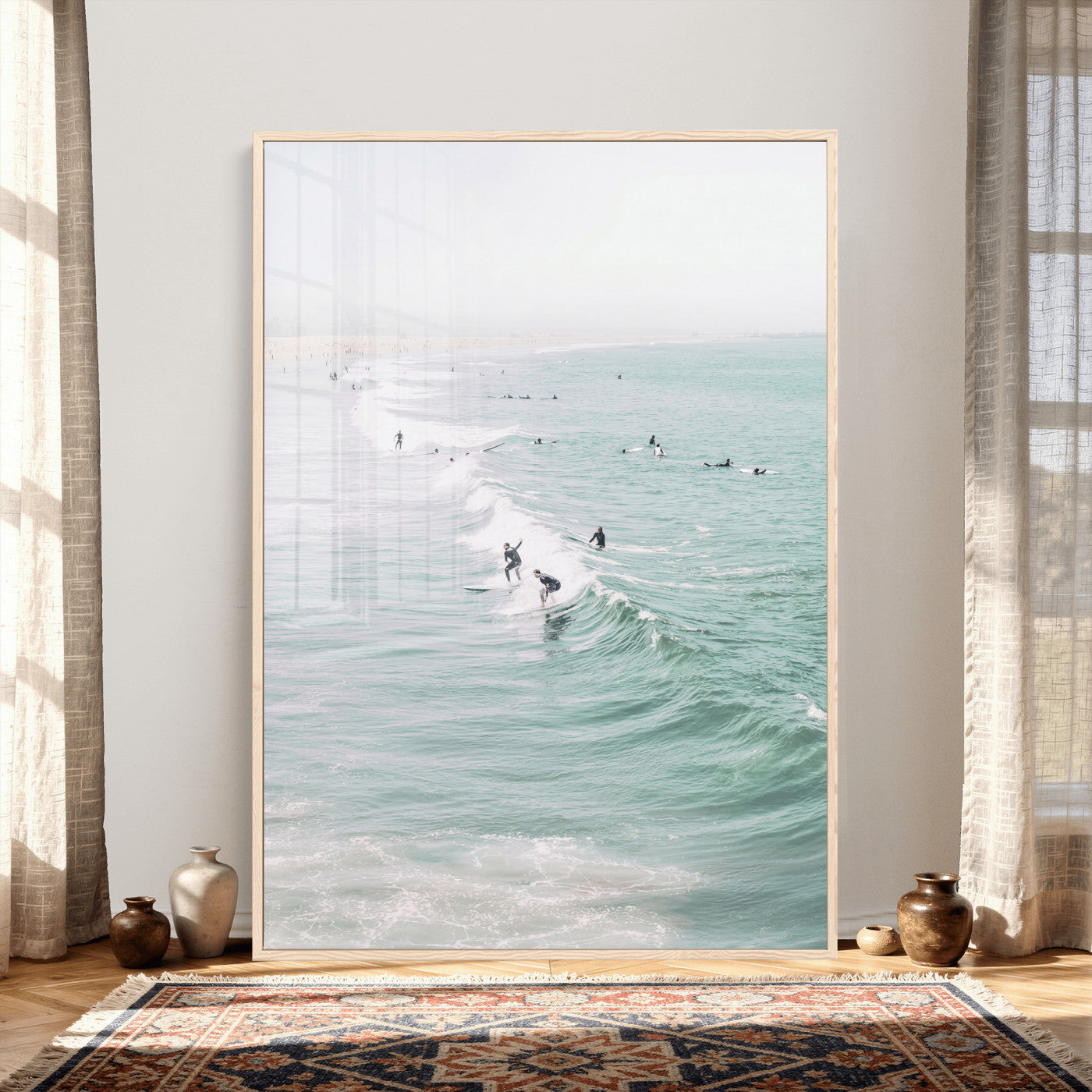 58043762-MGV-CV-24X36 - Surfers on Waves Canvas Wall Art, Aerial Ocean Photography Print, Mint Green Surf Decor, California Beach House Art, Coastal Sports Wall Decor