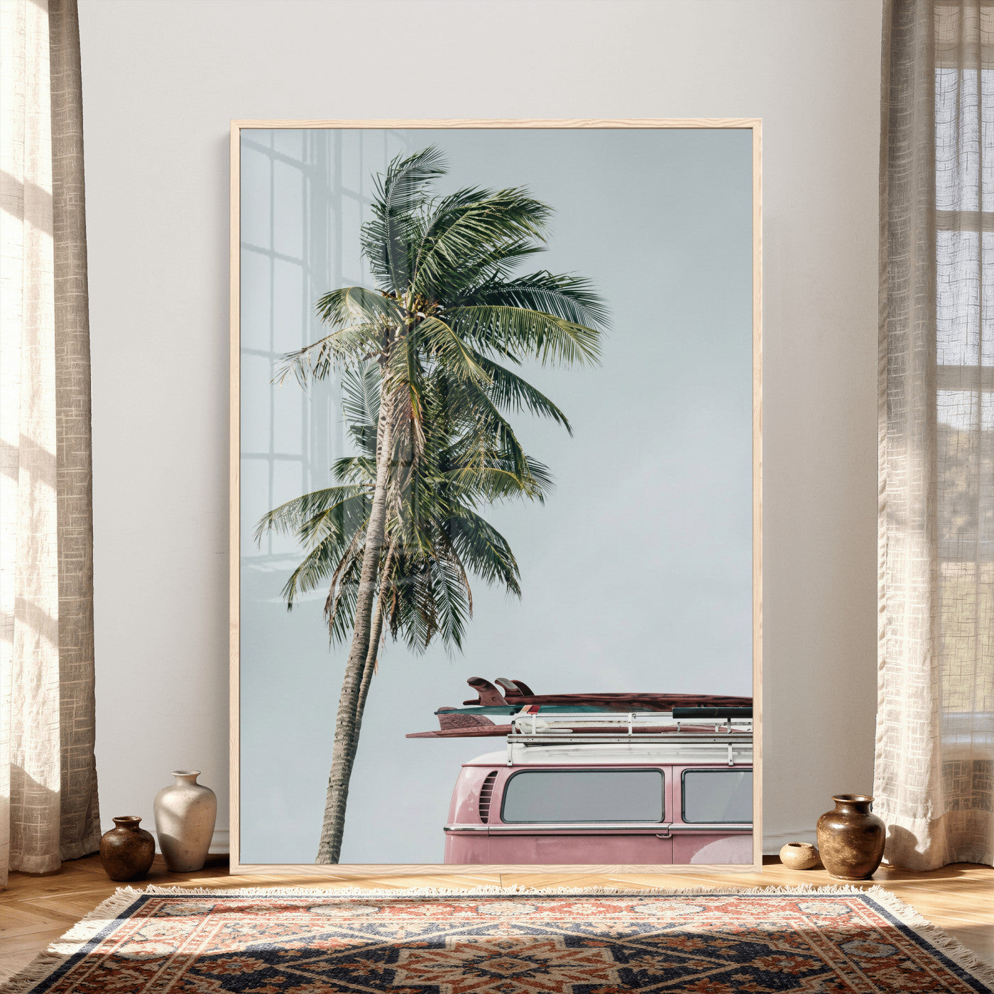 73117797-MGV-CV-24X36 - VW Van Palm Tree Canvas Wall Art, Pink Camper Surfboards Beach Print, Retro Surf Photography Decor, Coastal Boho Wall Art, Surfer Gift Idea