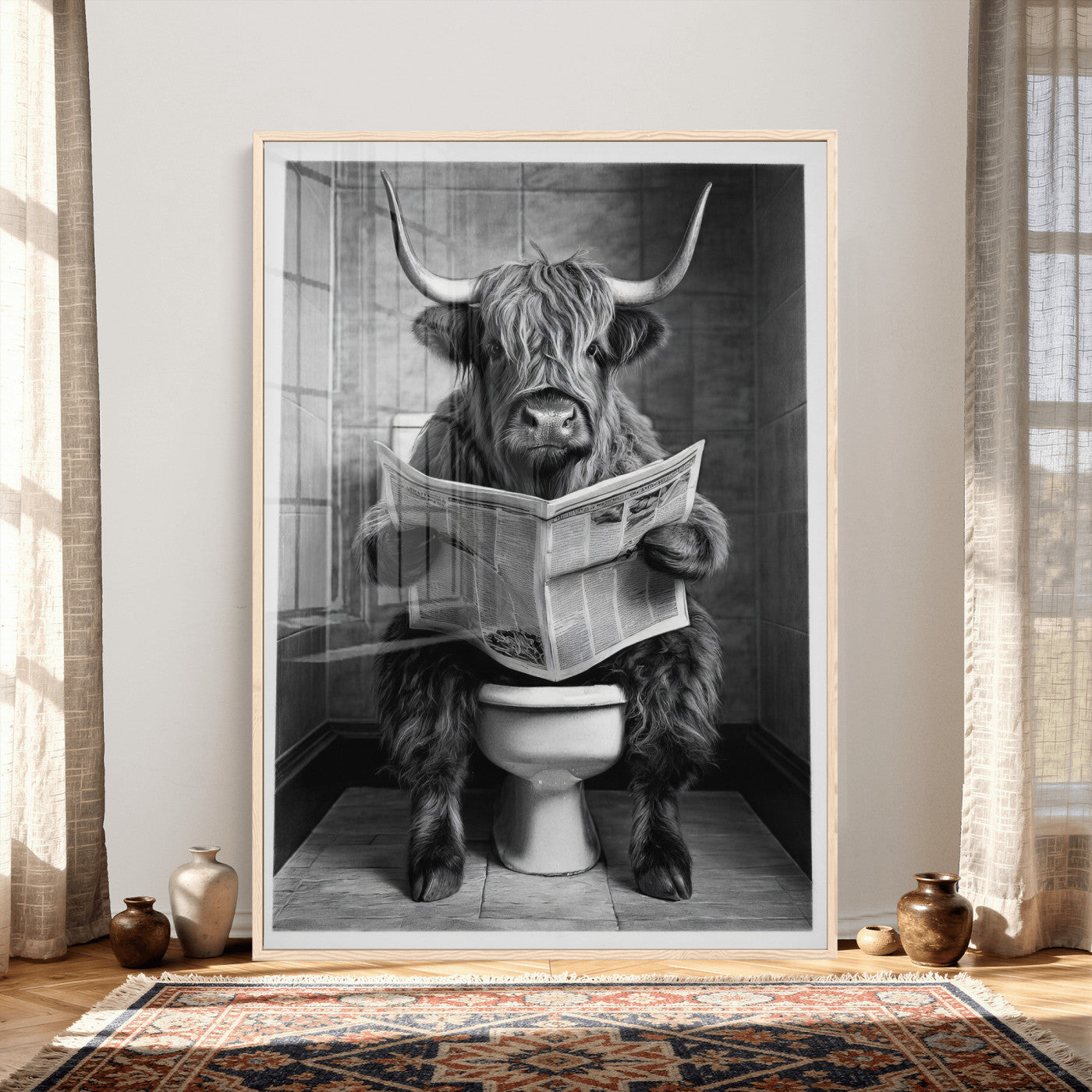 56930218-MGV-CV-24X36 - Funny Bathroom Canvas Wall Art, Texas Longhorn on Toilet Reading Newspaper, Humor Animal Print, Farmhouse Bathroom Decor, Quirky Cow Gift, Toilet Room Art