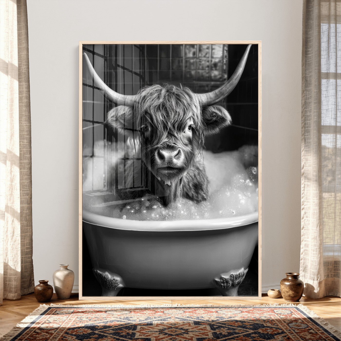 44020264-MGV-CV-24X36 - Highland Cow Bathtub Canvas Wall Art, Funny Bathroom Print Black White, Grumpy Cow Bubble Bath Decor, Animal Bathroom Art, Farmhouse Humor Print, Cute Cow Gift