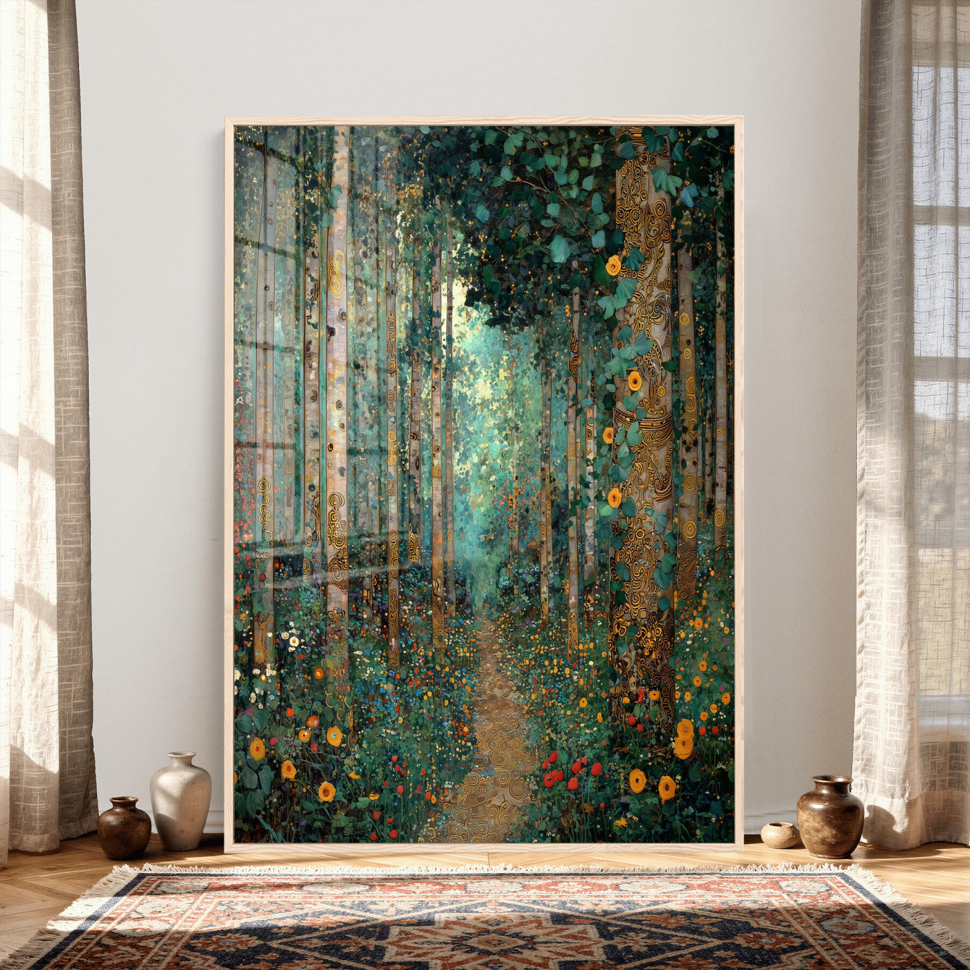 76587981-MGV-CV-24X36 - Gustav Klimt Style Forest Canvas Wall Art, Golden Forest Path Floral Art Nouveau Print, Enchanted Woodland Decor, Maximalist Colorful Nature Art