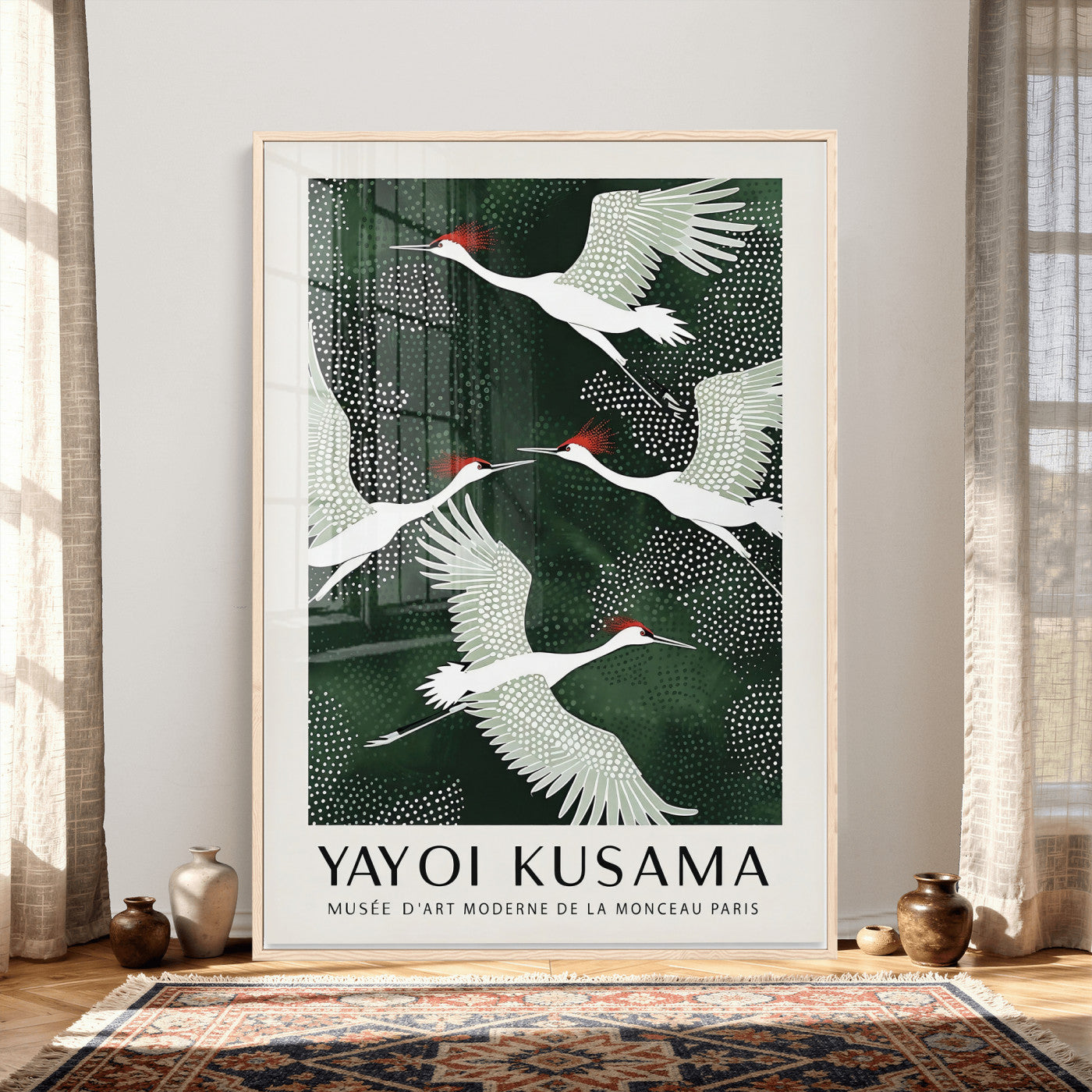 63036906-MGV-CV-24X36 - Yayoi Kusama Crane Bird Wall Art Canvas Print, Japanese Inspired Flying Heron Framed Artwork, Green Botanical Nature Decor for Living Room Bedroom Office