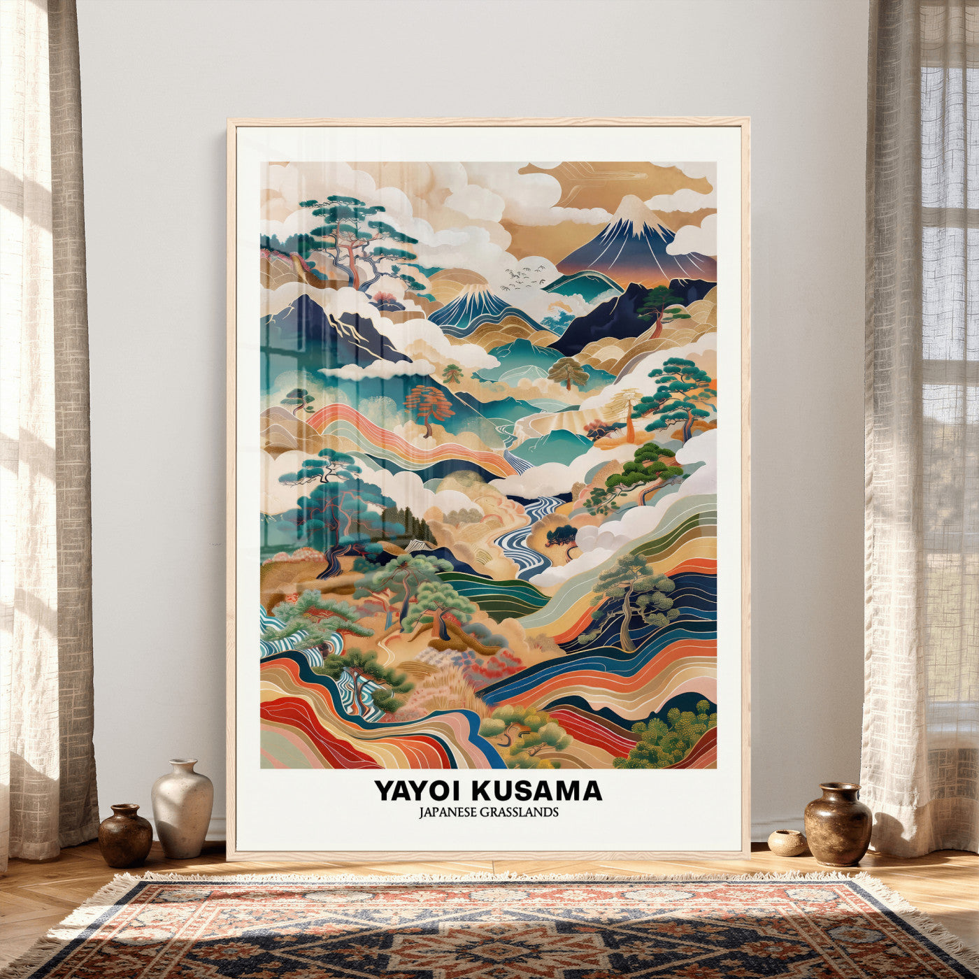 71553303-MGV-CV-24X36 - Yayoi Kusama Japanese Landscape Wall Art Canvas Print, Colorful Mountain and River Framed Artwork, Nature Inspired Asian Scenic Decor for Living Room Bedroom Office