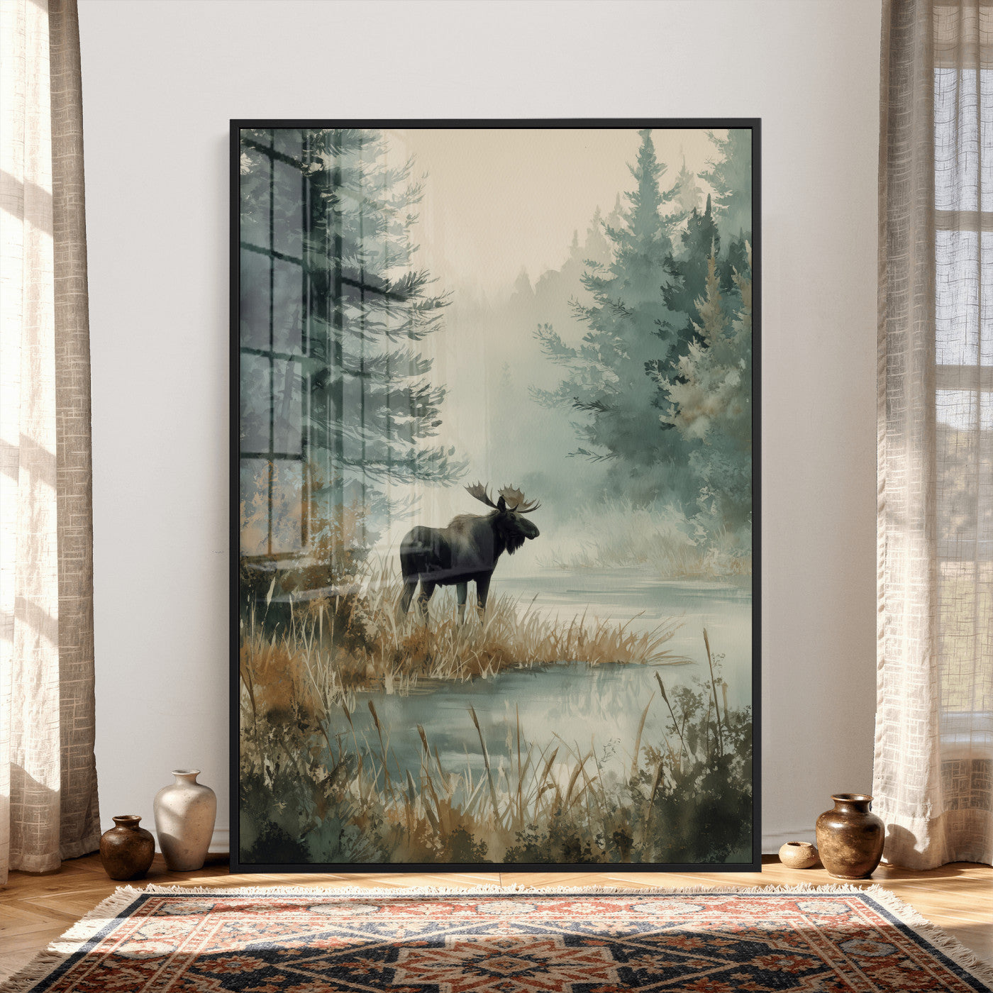 78345154-MGV-CV-24X36 - Watercolor Abstract Moose Forest Wall Art Canvas Print – Wildlife Nature Artwork Print for Living Room, Cabin, and Office Decor
