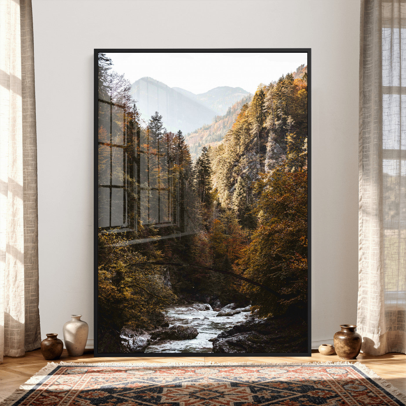 73651627-MGV-CV-24X36 - Autumn Forest Mountain Wall Art Canvas Print, Nature Landscape Wall Decor, Scenic River Forest Artwork, Rustic Woodland Canvas Wall Art, Framed Canvas Wall Art Ready to Hangq